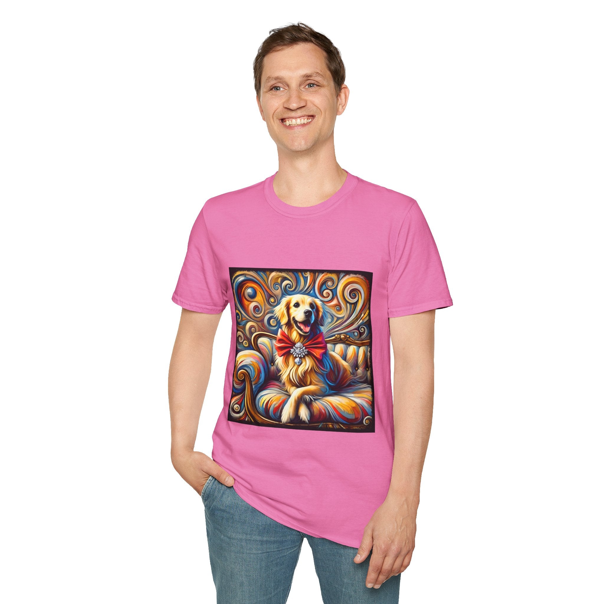 Male model in pink dog t-shirt featuring golden retriever with red bow on colorful swirl settee background.
