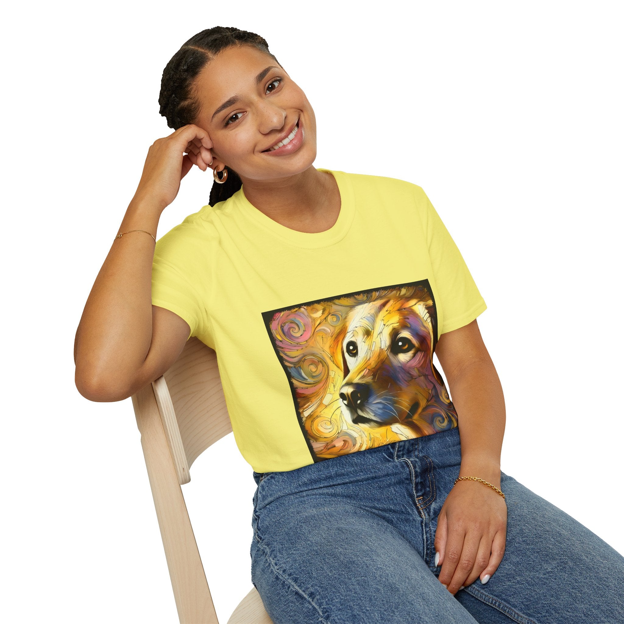 Female model wears yellow dog t-shirt featuring a golden retriever with swirling brushstroke-style yellow-orange background.