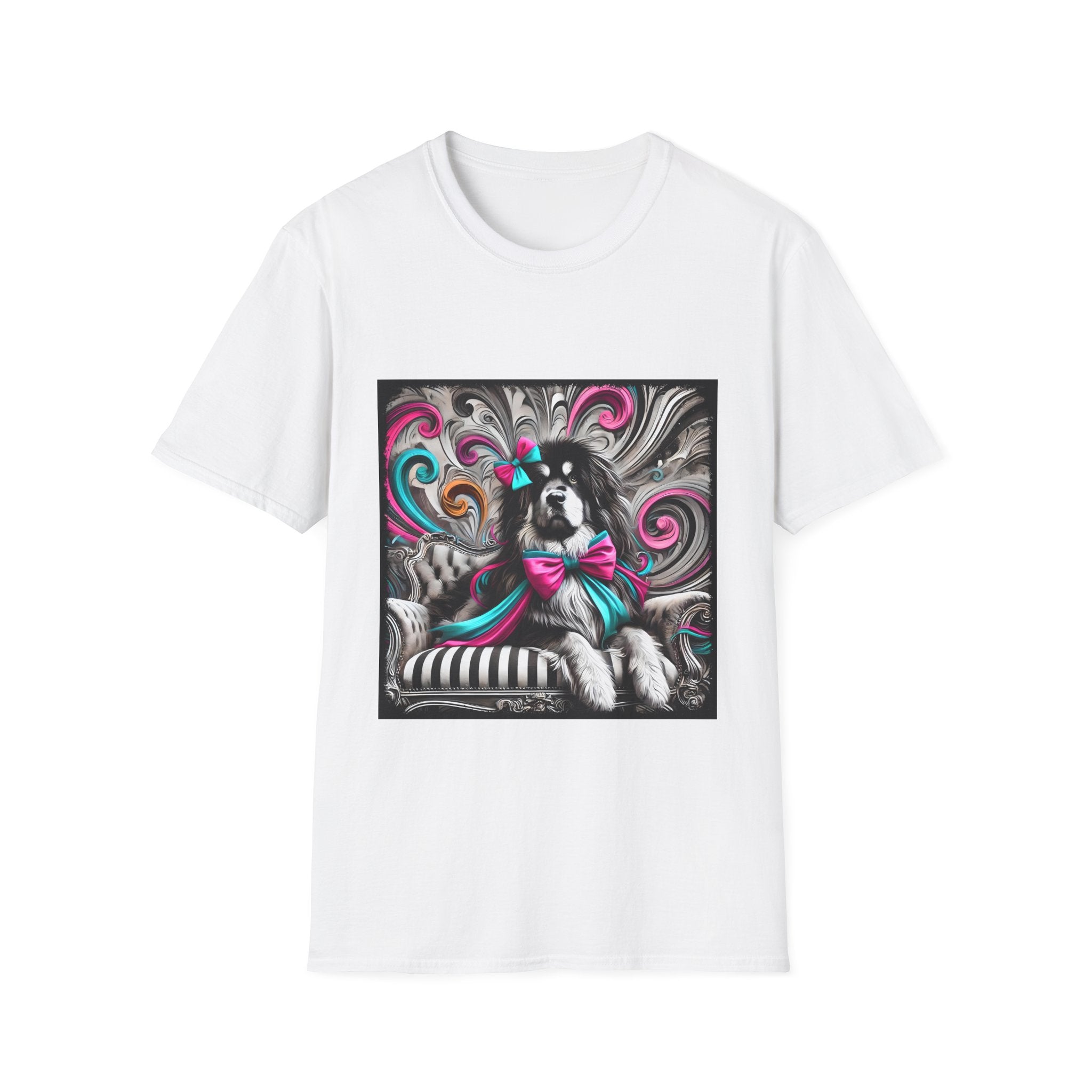 Tibetan Mastiff B&W Pink and Teal Bow | Unisex Dog T-Shirt