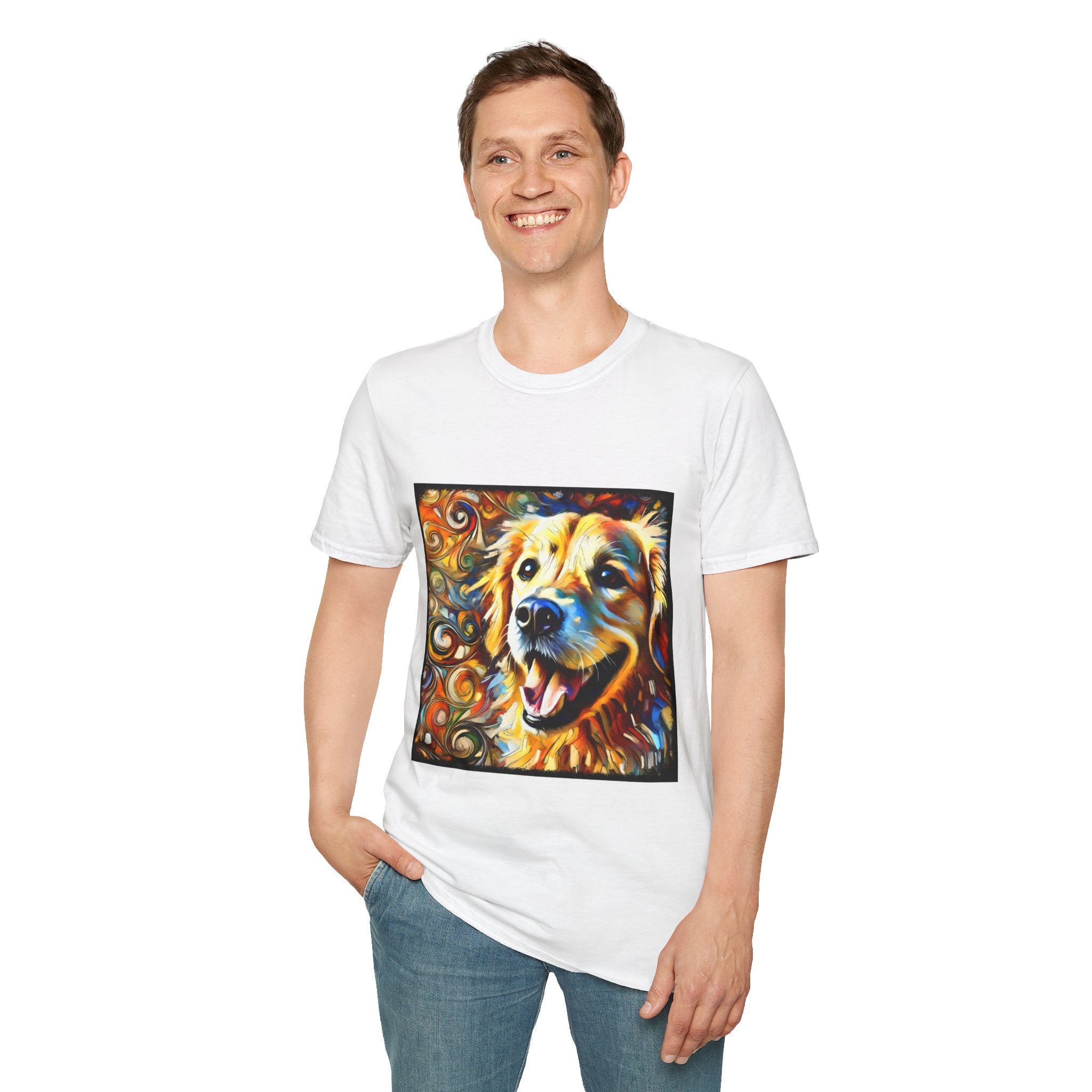 Male standing in white dog t-shirt featuring smiling golden retriever portrait with bold swirls in orange, gold, and blue.
