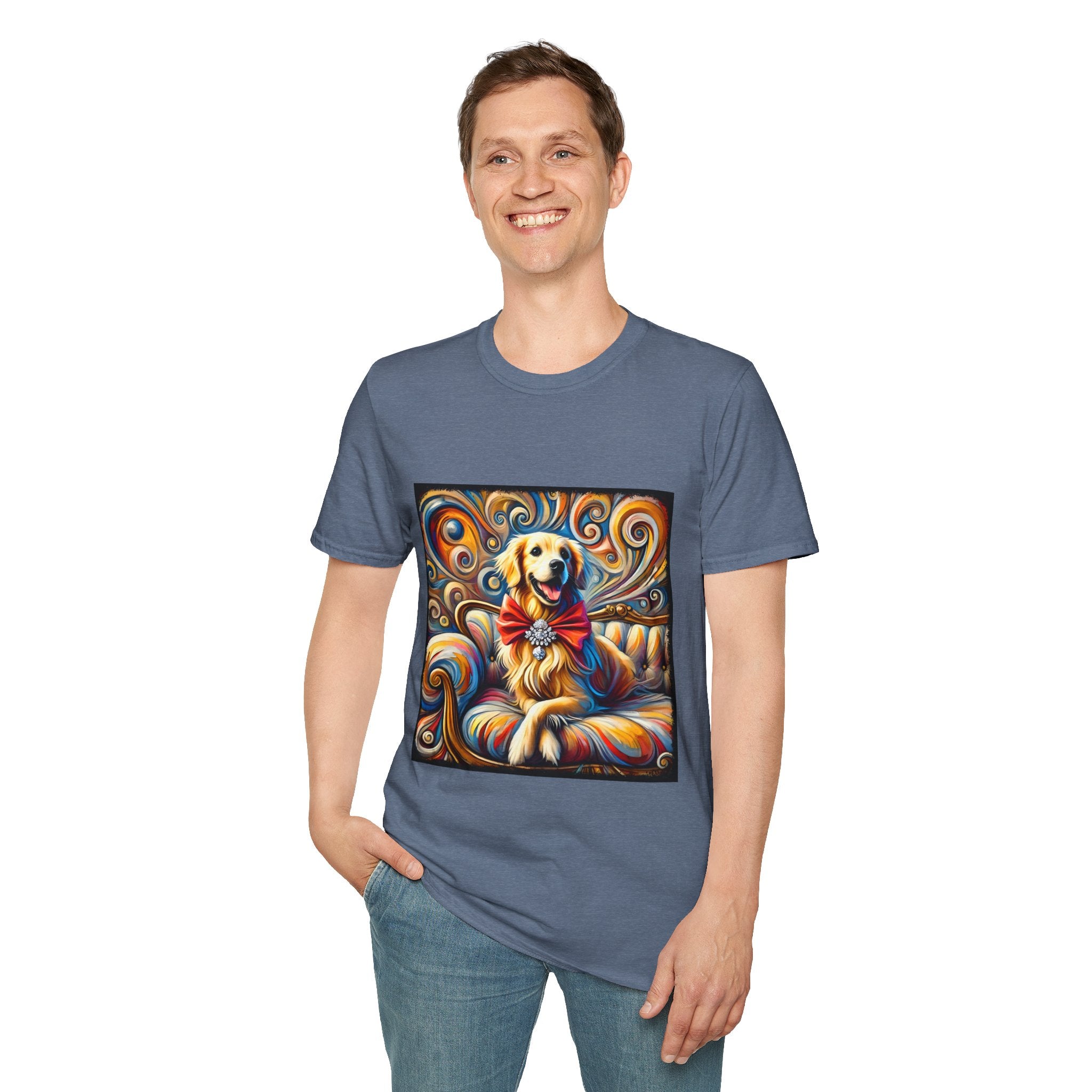 Man smiling in heather indigo dog t-shirt featuring golden retriever with red bow on colorful swirl settee background.