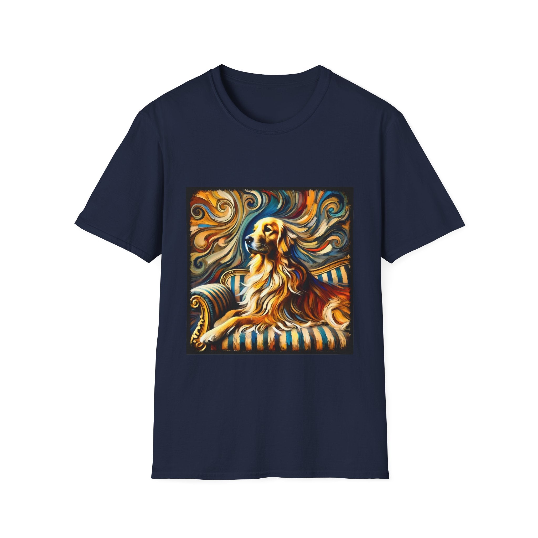 Navy dog t-shirt featuring golden retriever on striped settee with swirling abstract background in golds.