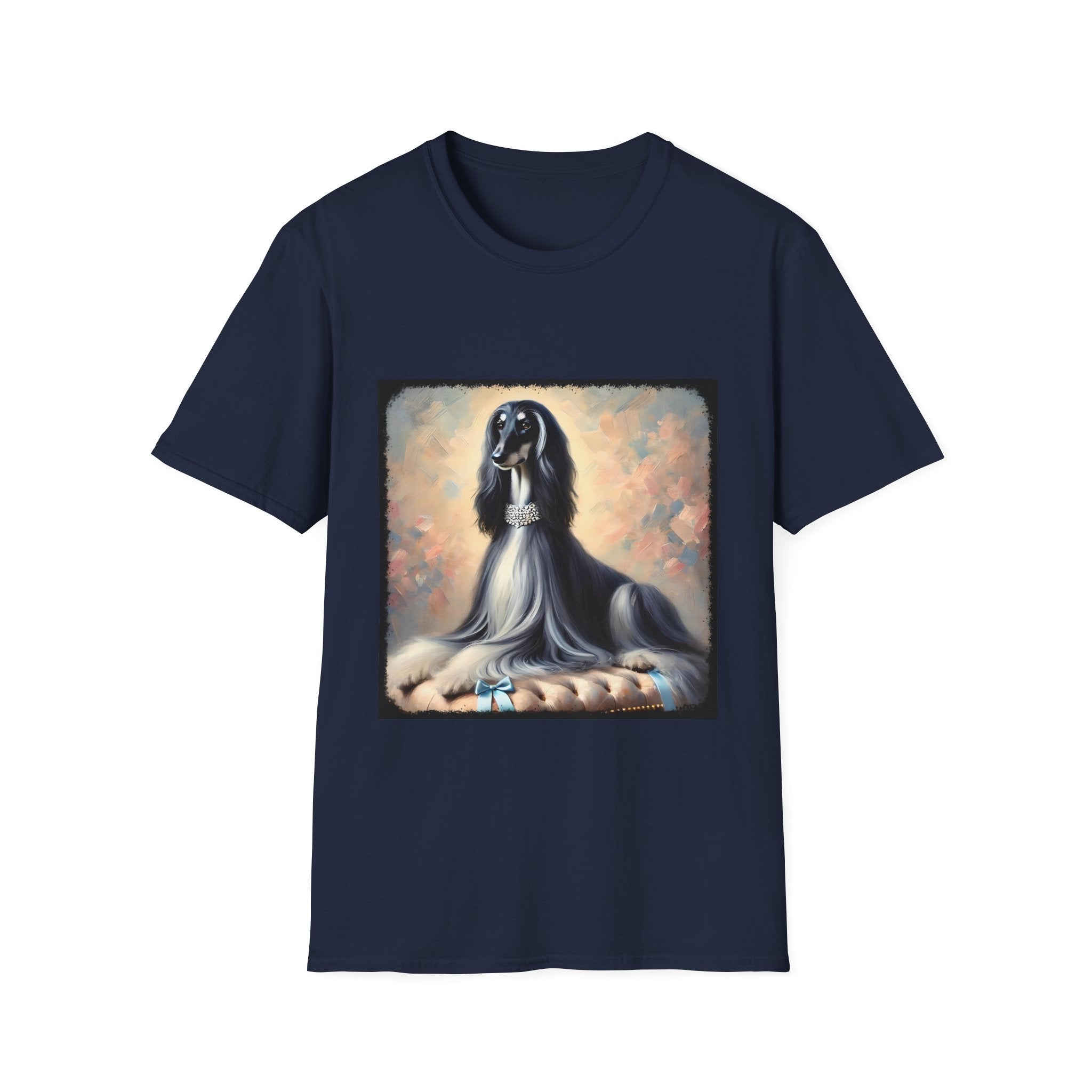 Front view of navy blue dog t-shirt featuring black and white Afghan Hound on cushion with diamond necklace, pastel background.