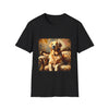 Black dog t-shirt with golden retriever on ornate couch, painted in rich textured brushstrokes.