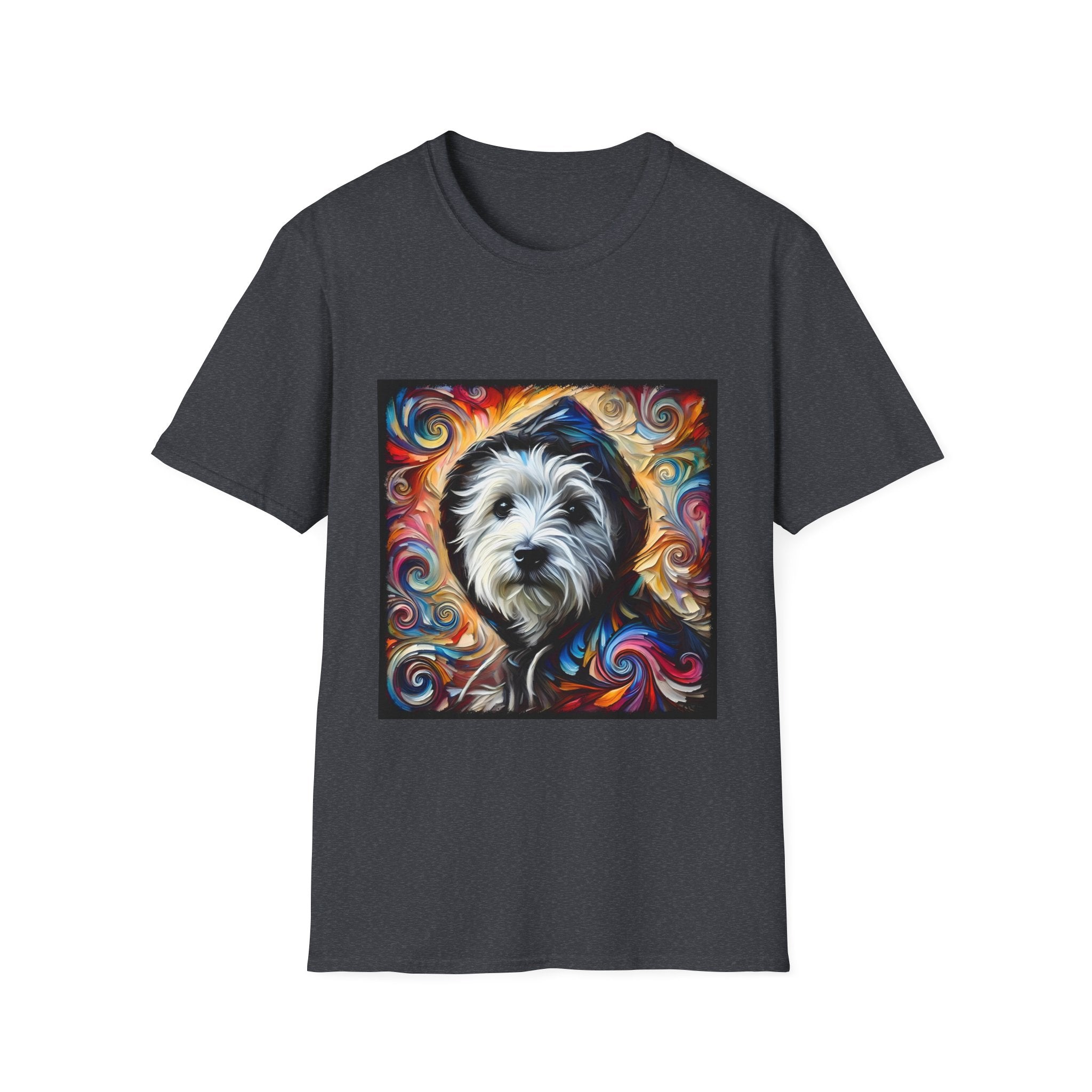 Dark heather gray dog t-shirt featuring Westie in black hoodie with swirling red blue orange and gold background.