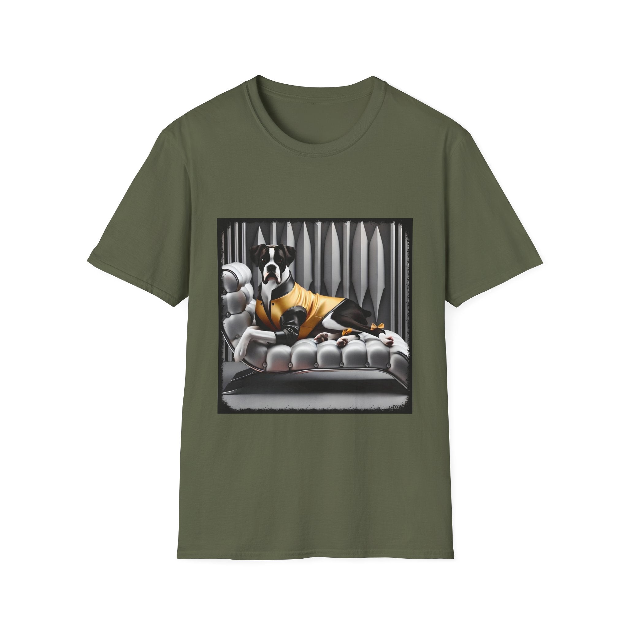Military green dog t-shirt featuring a black and white boxer lounging on silver tufted couch in yellow jacket with striped wall.