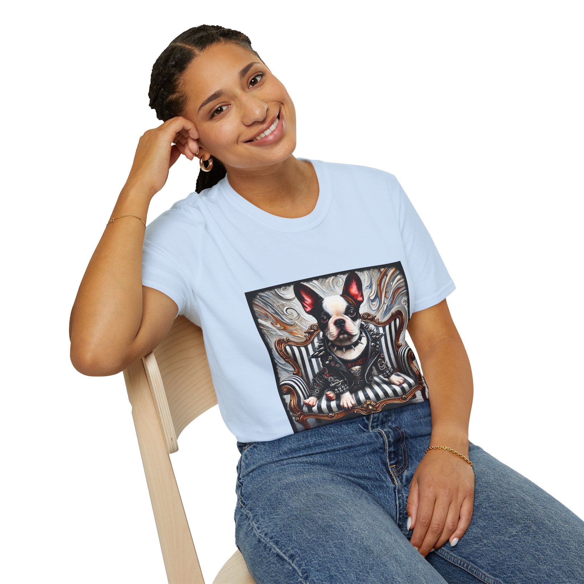 Female model in light blue dog t-shirt featuring Boston Terrier in leather studded jacket on striped chair with metallic swirl background.