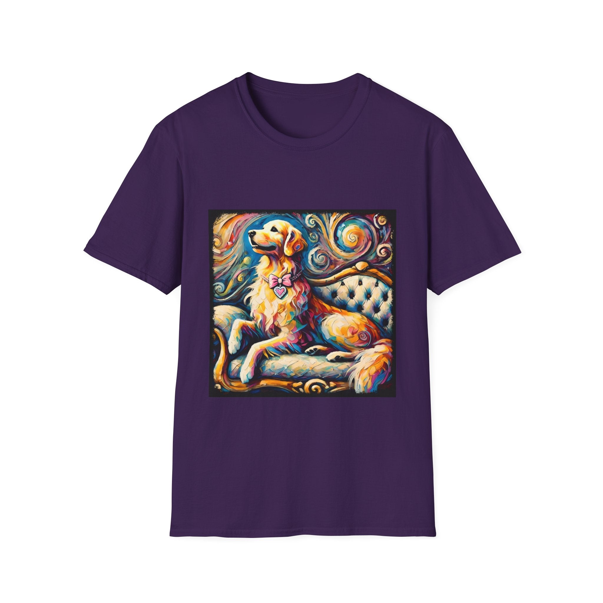 Purple dog t-shirt featuring golden retriever with pink heart collar on colorful tufted settee.