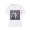 White dog t-shirt featuring a black and white French Bulldog with a pink bow, seated on a tufted pink and gold settee against a swirling blue, pink, and purple expressionist-style background.