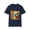 Navy dog t-shirt featuring smiling golden retriever portrait with bold swirls in orange, gold, and blue.