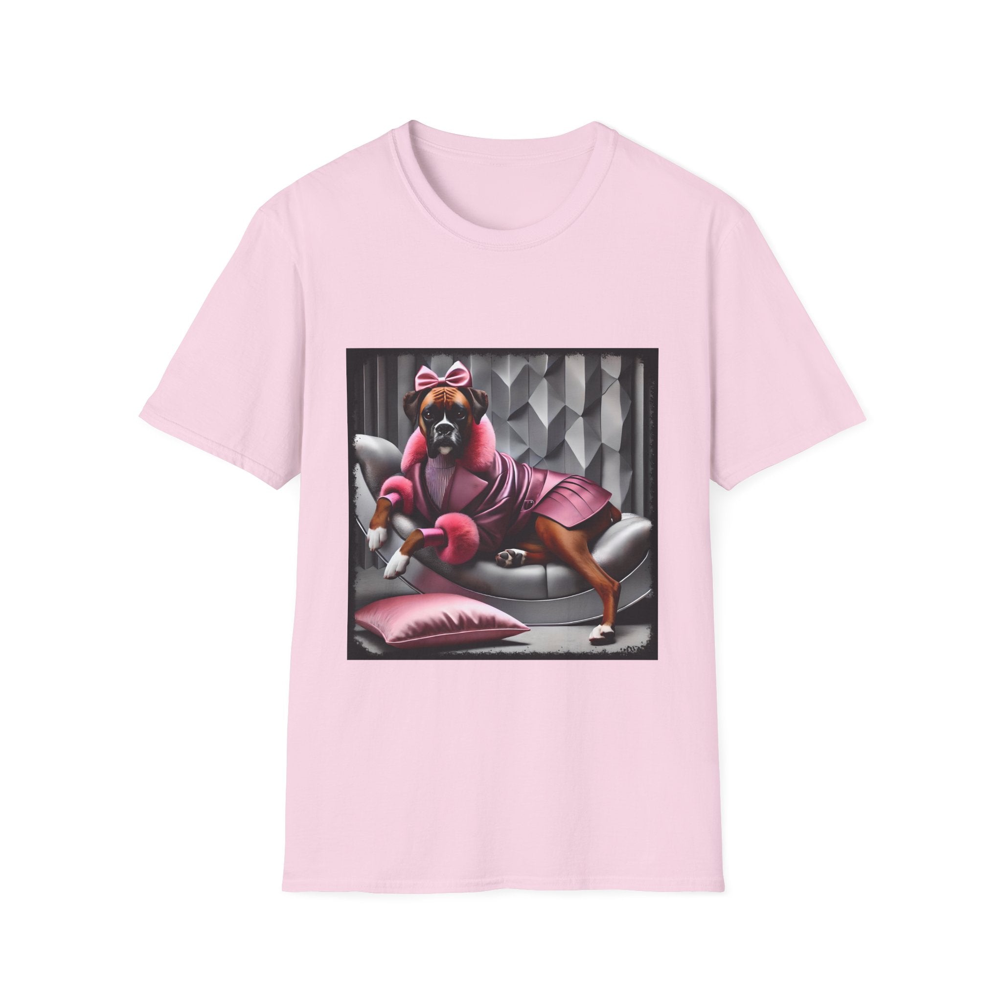 Light pink dog t-shirt featuring boxer in pink bow and pleated pink coat lounging on silver settee.