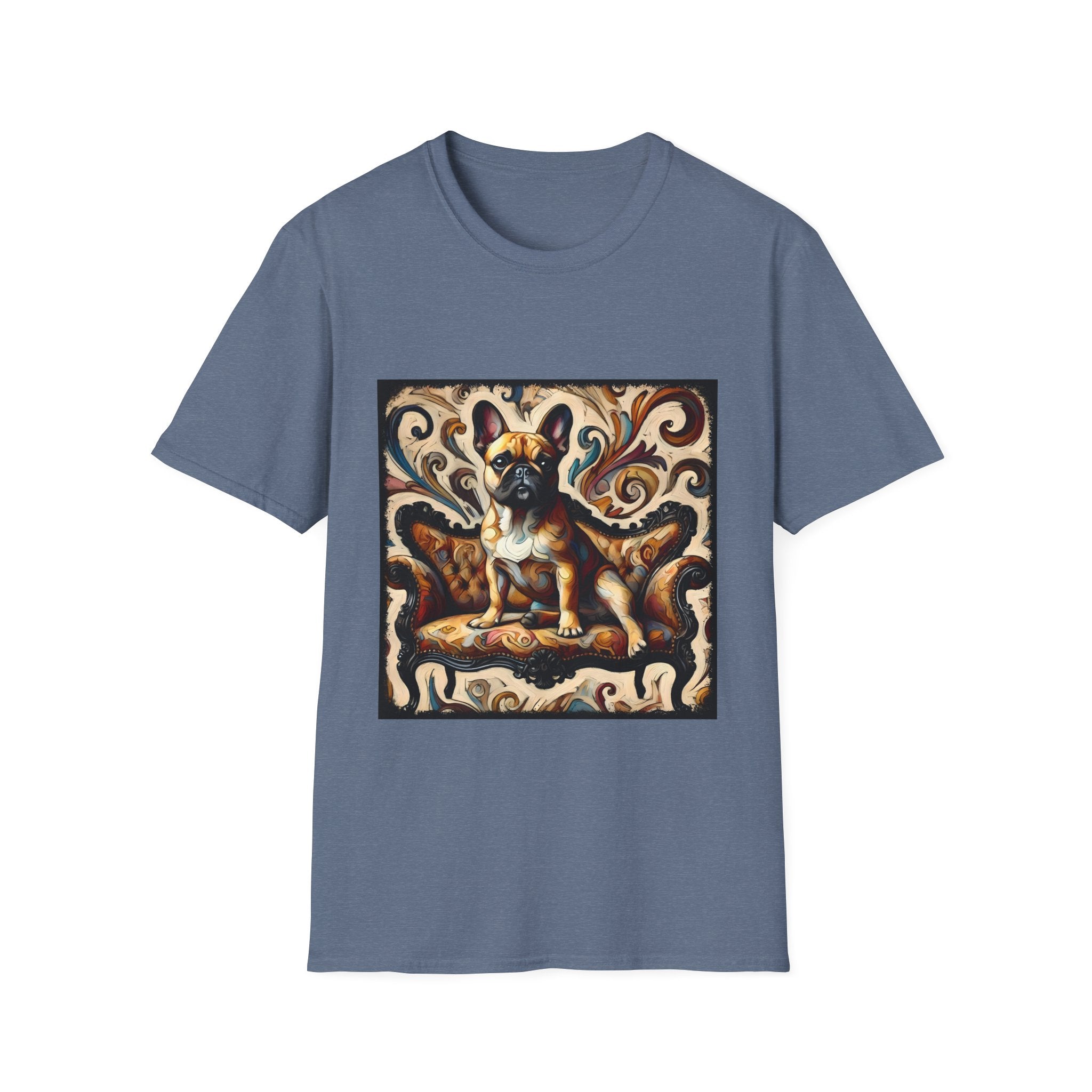 Heather indigo t-shirt featuring fawn French Bulldog on ornate amber and black settee with rich tan swirl backdrop.