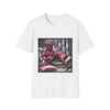 White dog t-shirt featuring boxer in pink bow and pleated pink coat lounging on silver settee.
