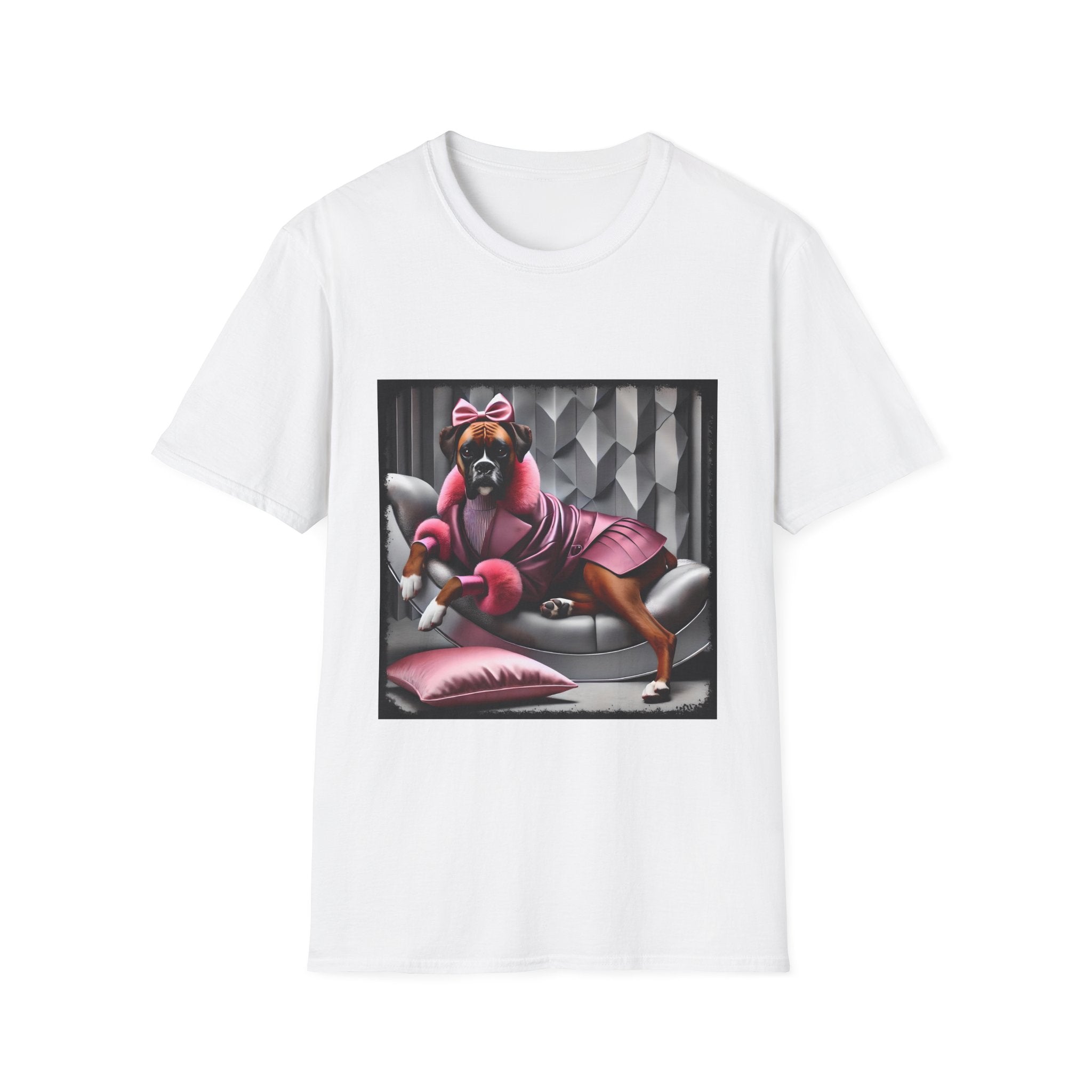 White dog t-shirt featuring boxer in pink bow and pleated pink coat lounging on silver settee.