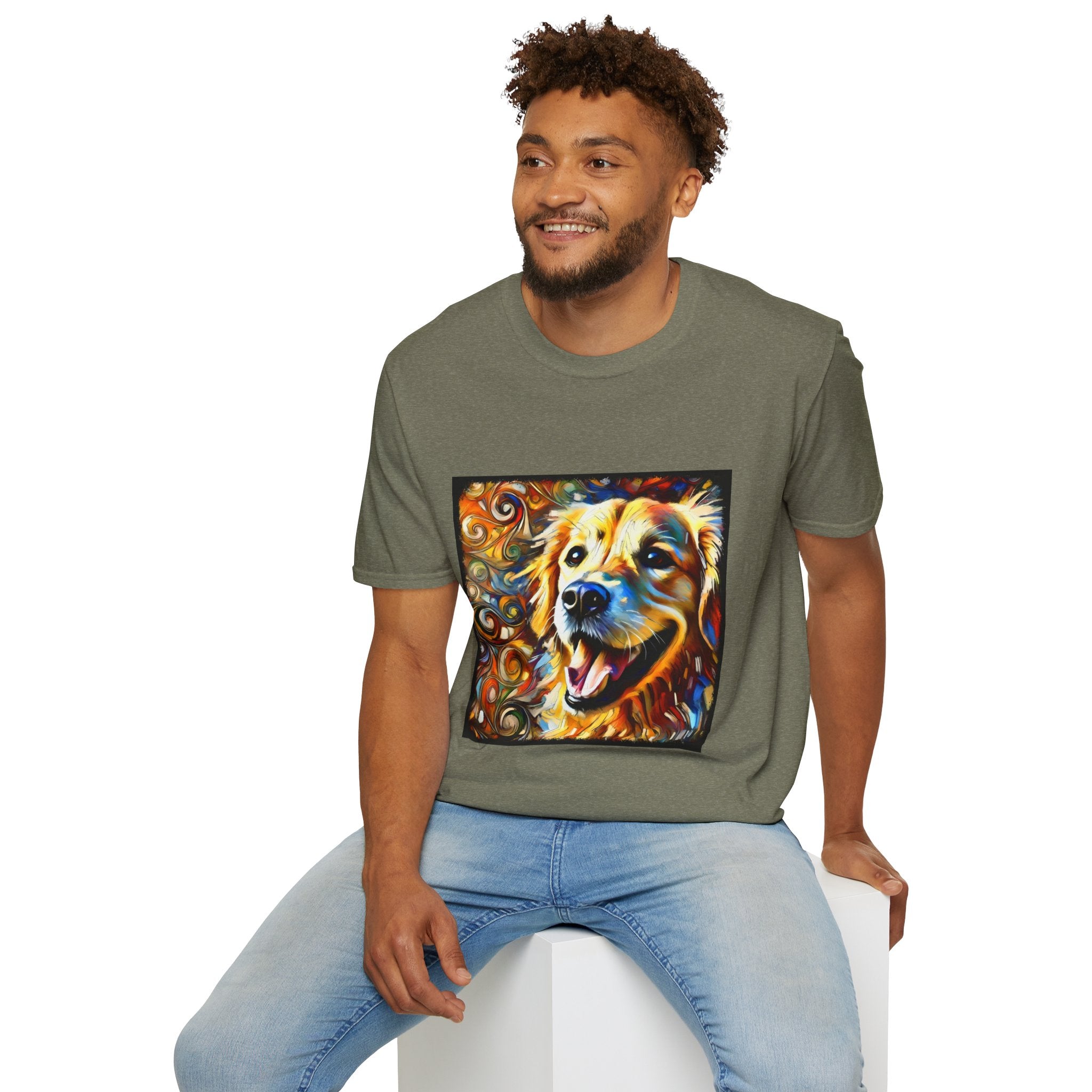 Male model in heather military green dog t-shirt featuring smiling golden retriever portrait with bold swirls in orange, gold, and blue.