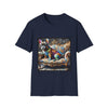 Navy blue t-shirt featuring rainbow French Bulldog on golden settee with swirl pattern, expressionism style.