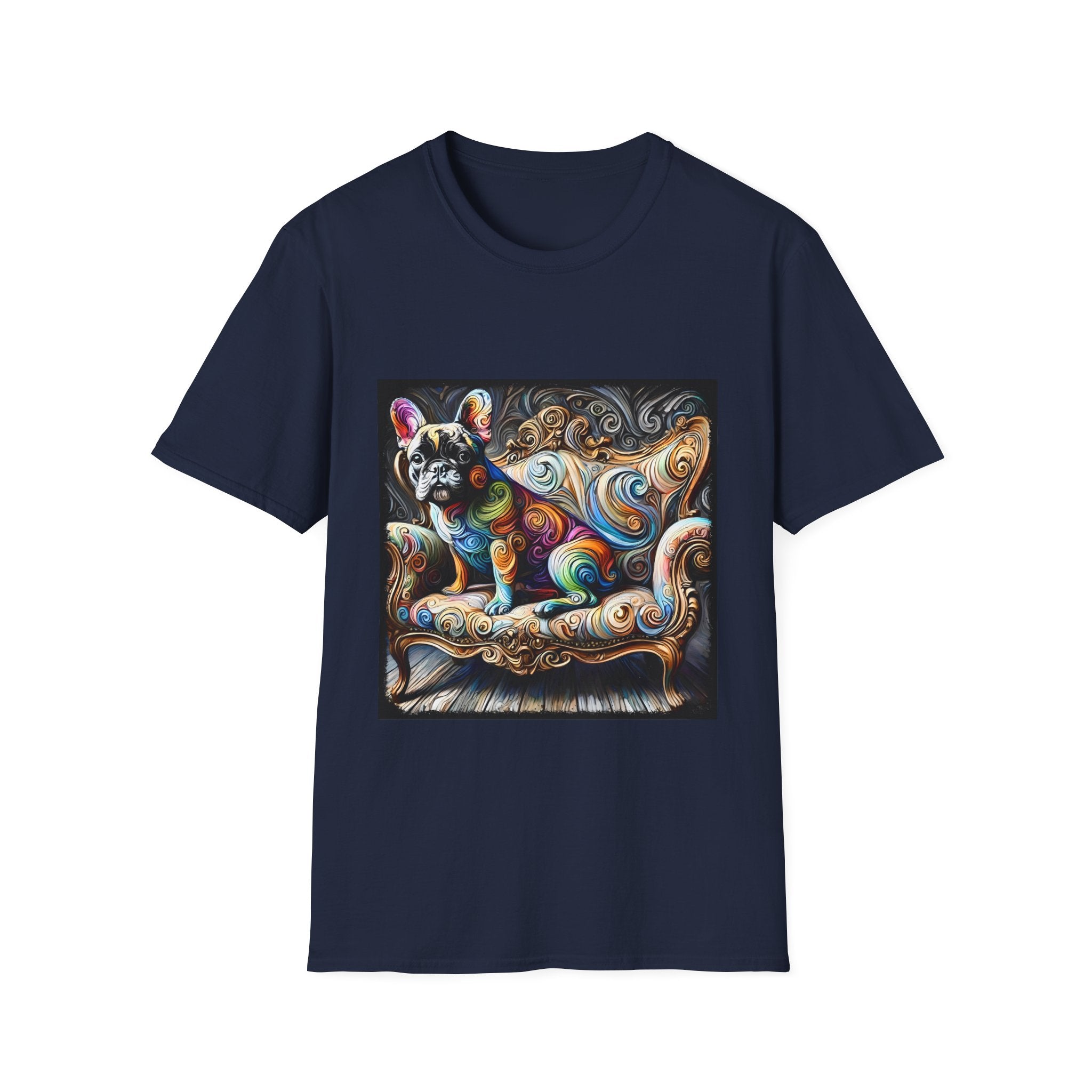 Navy blue t-shirt featuring rainbow French Bulldog on golden settee with swirl pattern, expressionism style.