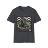 Dark heather gray dog t-shirt featuring a brindle boxer in leather jacket on green settee with chevron wall backdrop.