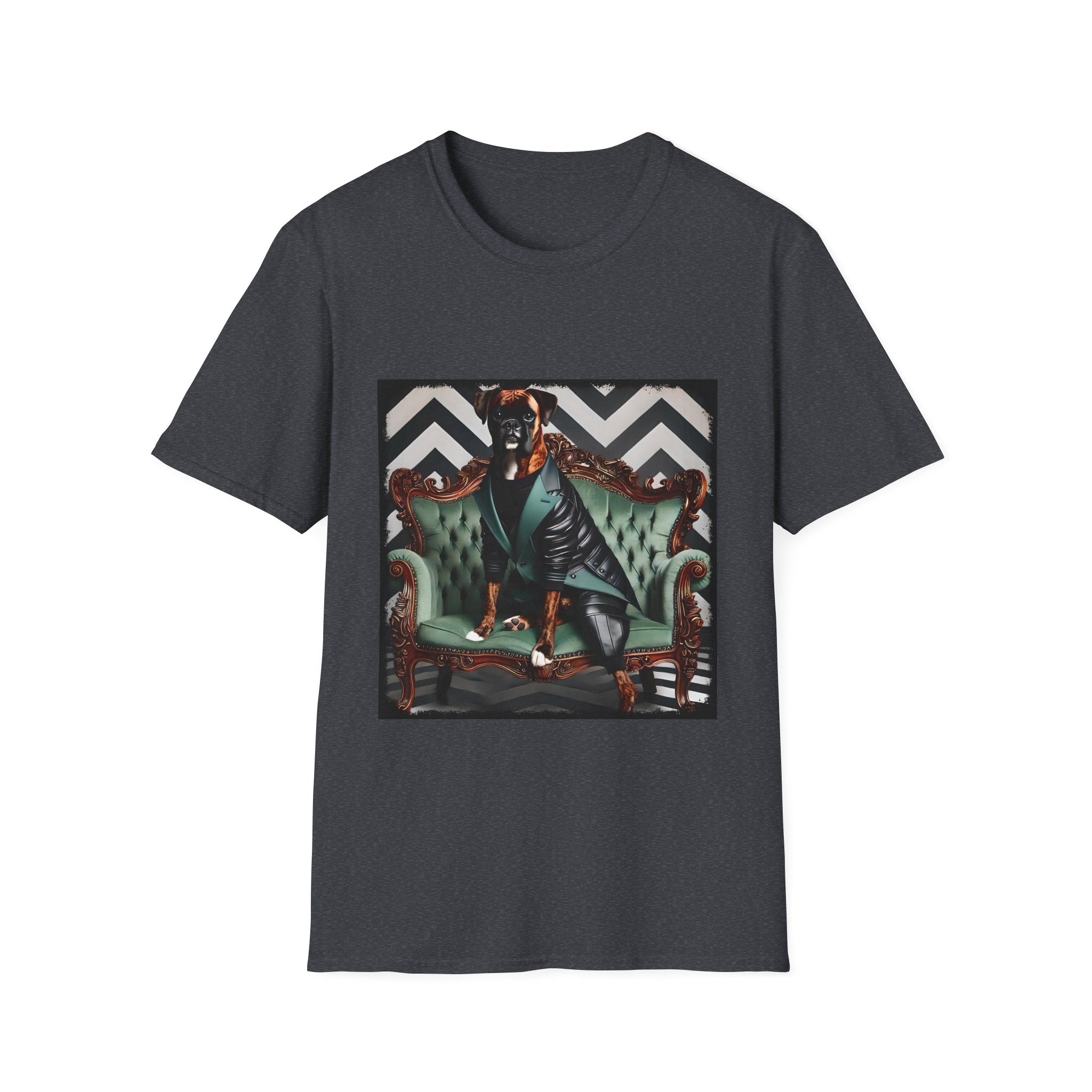 Dark heather gray dog t-shirt featuring a brindle boxer in leather jacket on green settee with chevron wall backdrop.