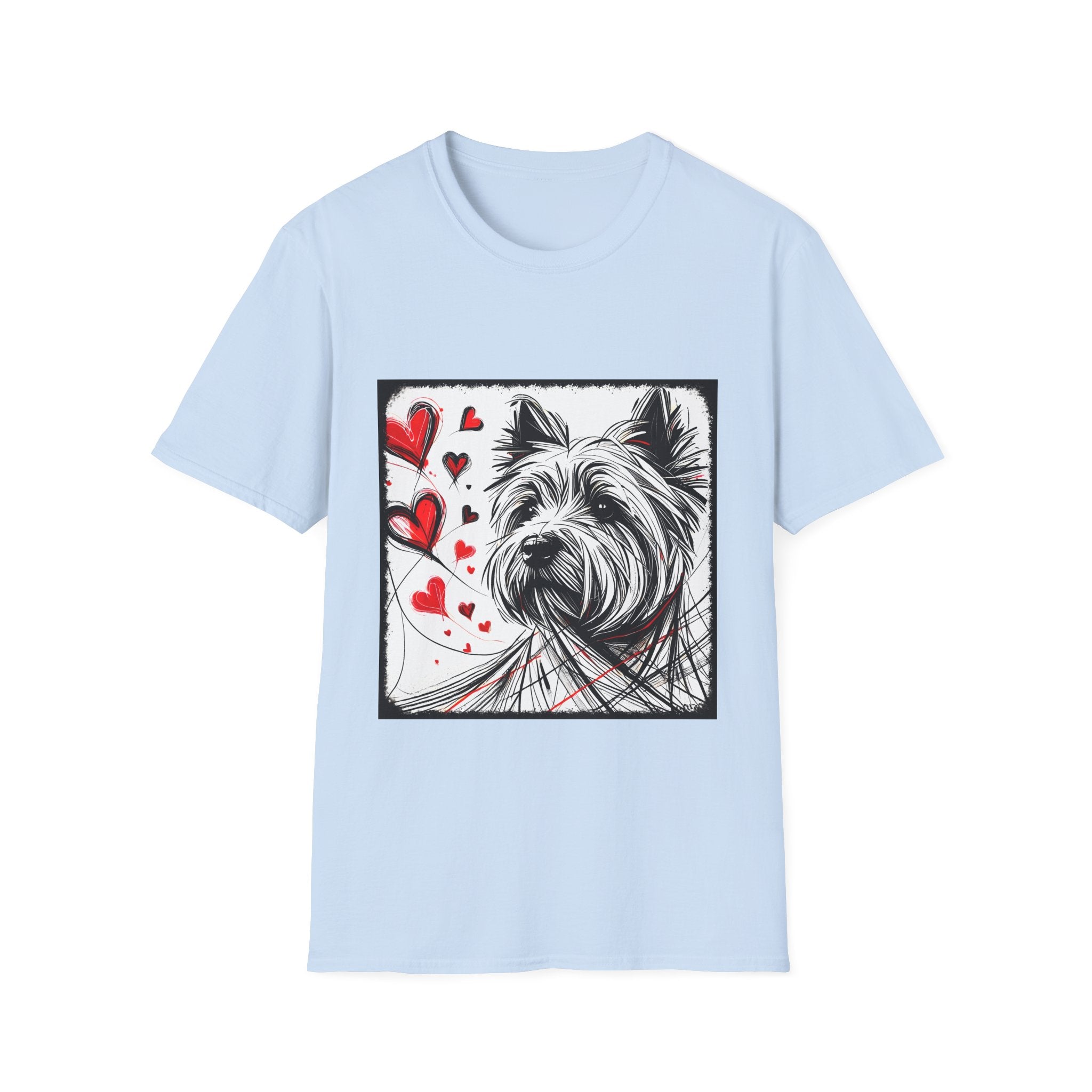 Light blue dog t-shirt featuring sketch-style Westie with red hearts and abstract black line accents.