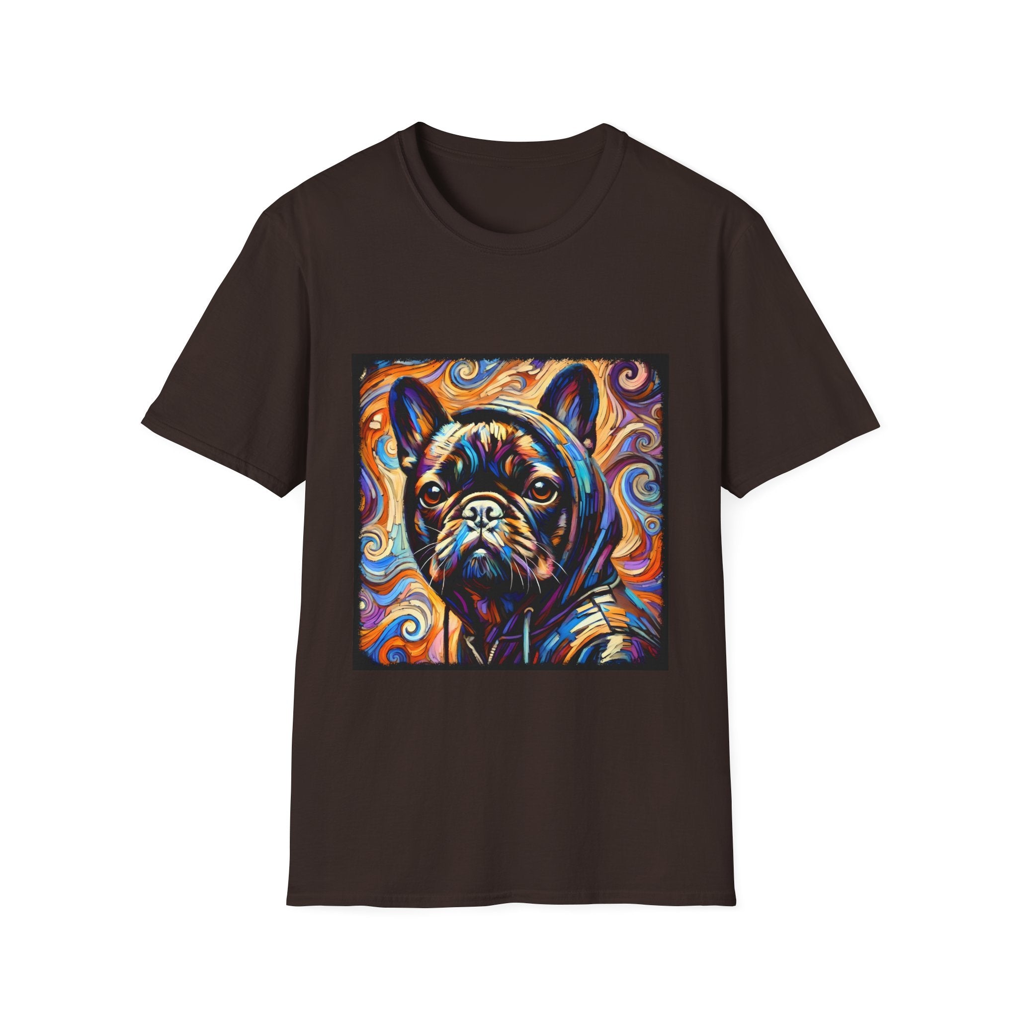 Dog t-shirt in dark brown featuring colorful French Bulldog in hoodie, set against vivid swirl-patterned background.