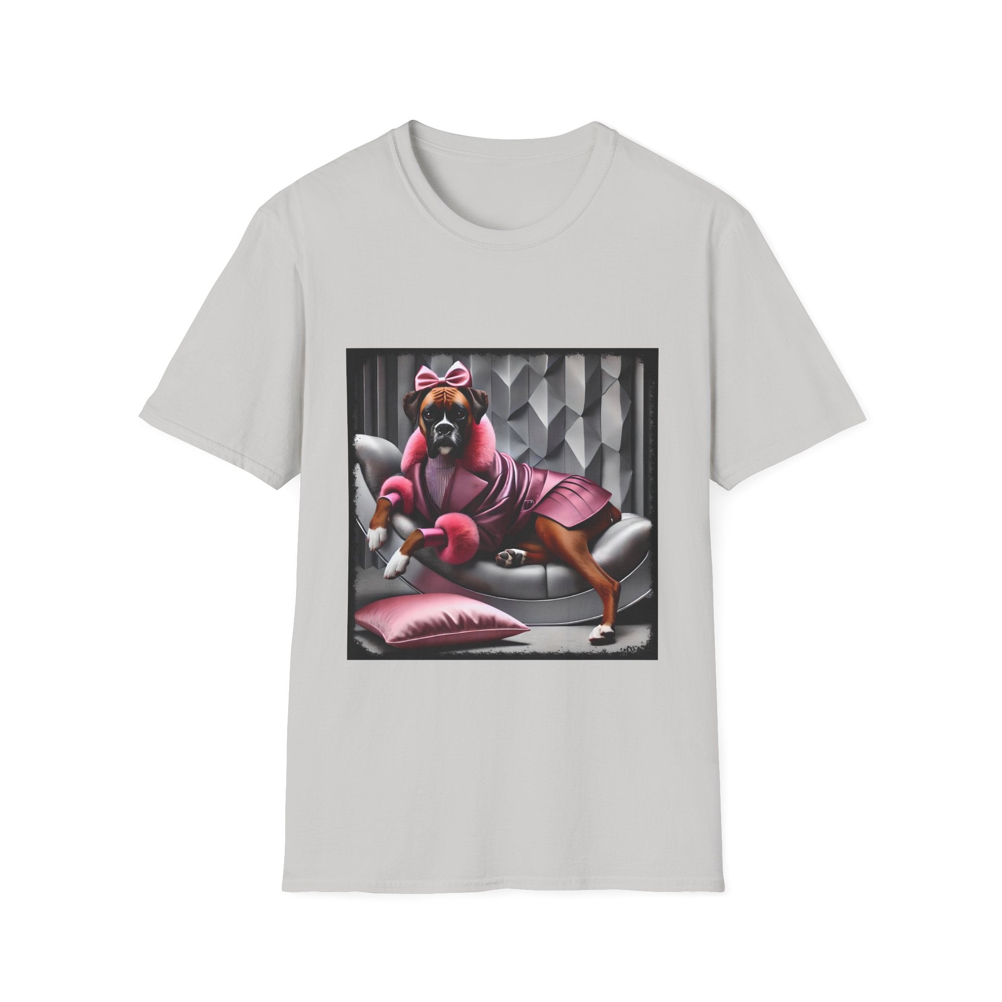 Ice gray dog t-shirt featuring boxer in pink bow and pleated pink coat lounging on silver settee.