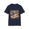 Navy blue dog t-shirt featuring fawn French Bulldog with collar lounging on colorful swirl settee with vivid abstract background.