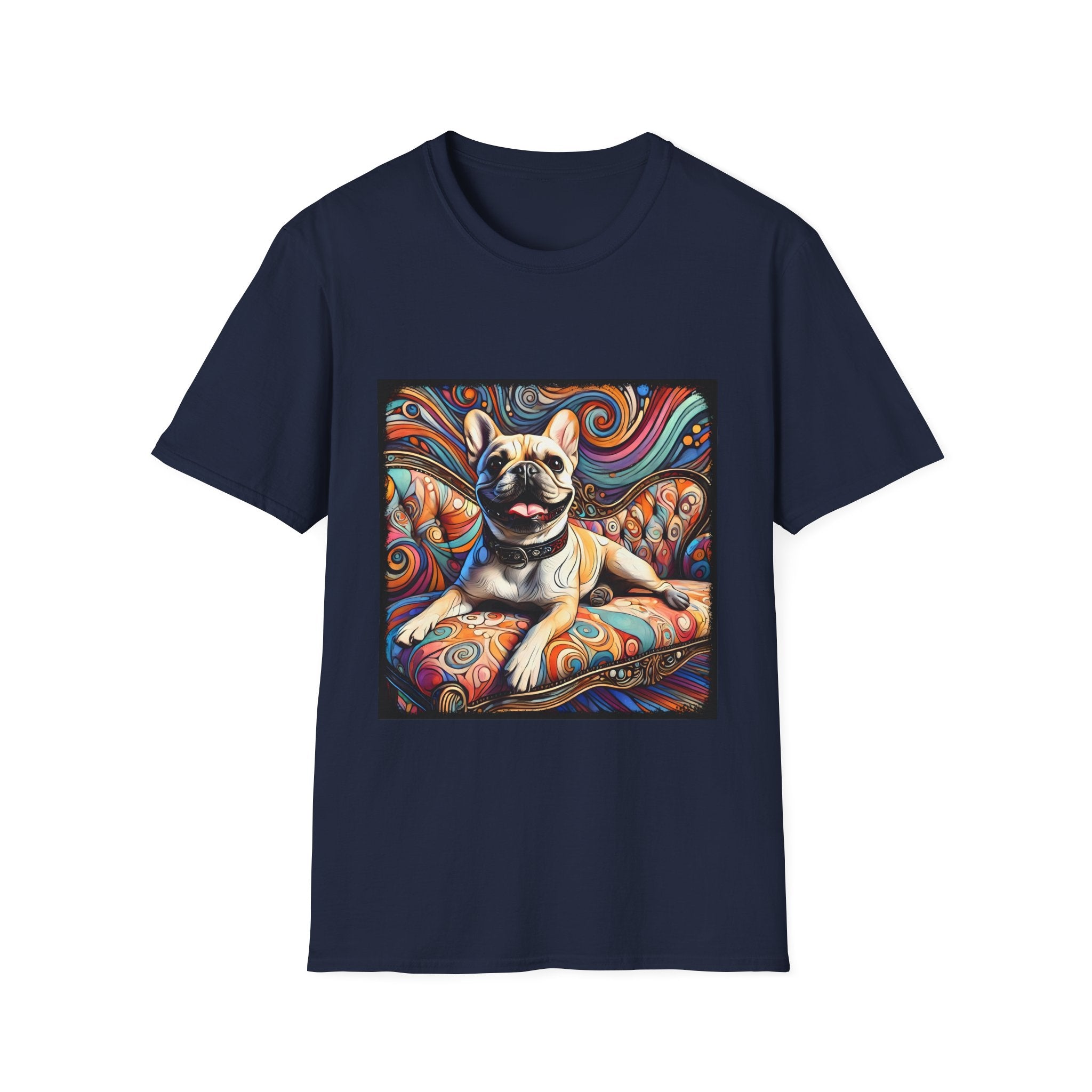 Navy blue dog t-shirt featuring fawn French Bulldog with collar lounging on colorful swirl settee with vivid abstract background.