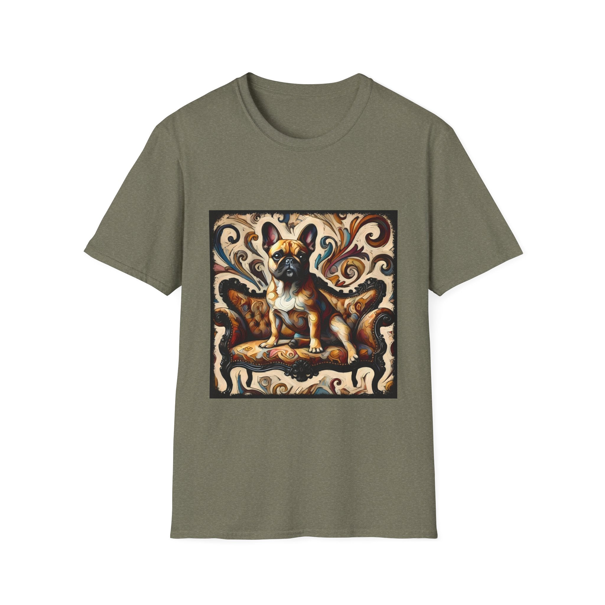Heather military green t-shirt featuring fawn French Bulldog on ornate amber and black settee with rich tan swirl backdrop.
