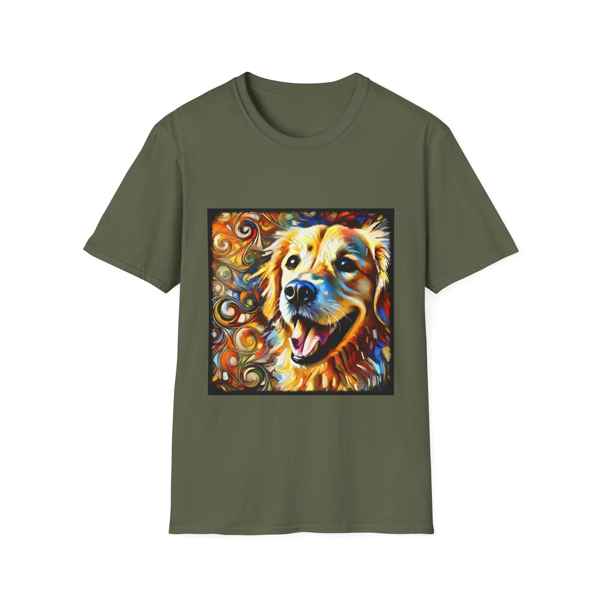 Military green dog t-shirt featuring smiling golden retriever portrait with bold swirls in orange, gold, and blue.