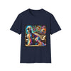 front view of navy blue dog t-shirt of Afghan Hound dog sitting before ornate settee, colorful swirling fur and vivid abstract background.