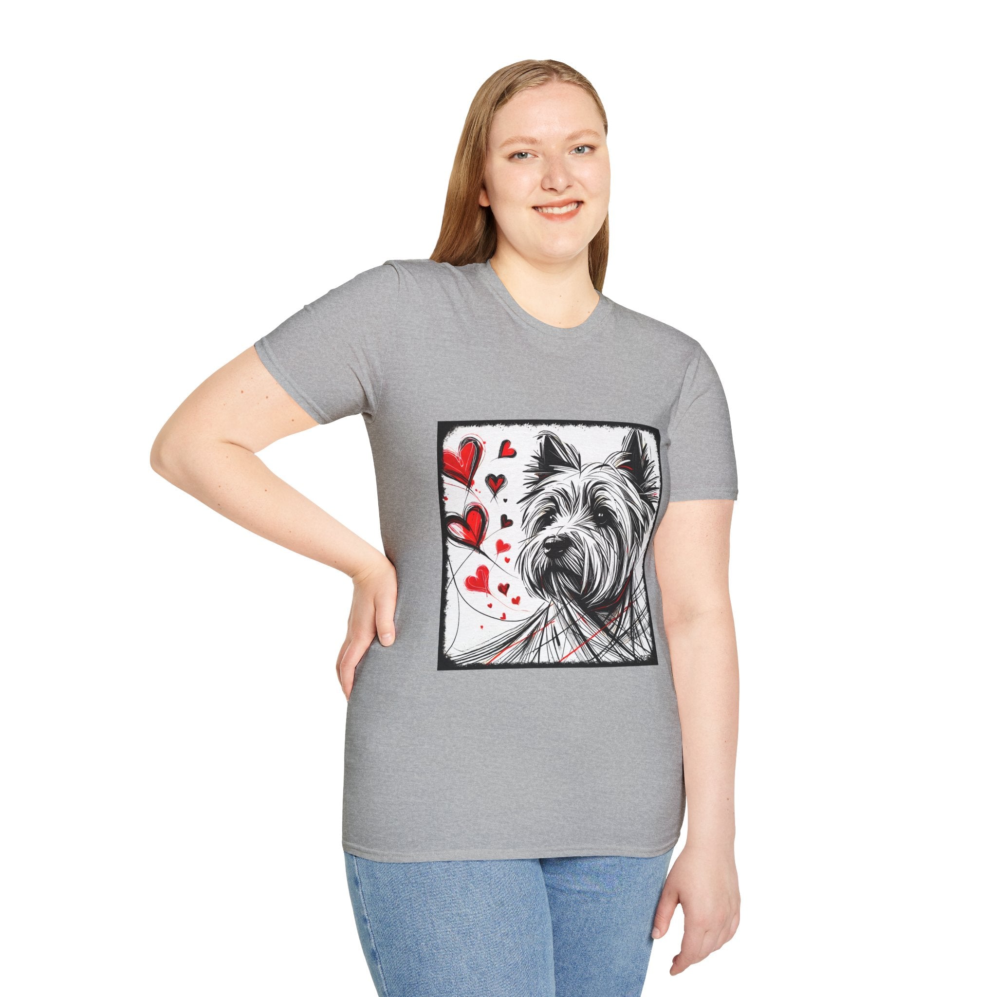 Female model in sport gray dog t-shirt featuring sketch-style Westie with red hearts and abstract black line accents.
