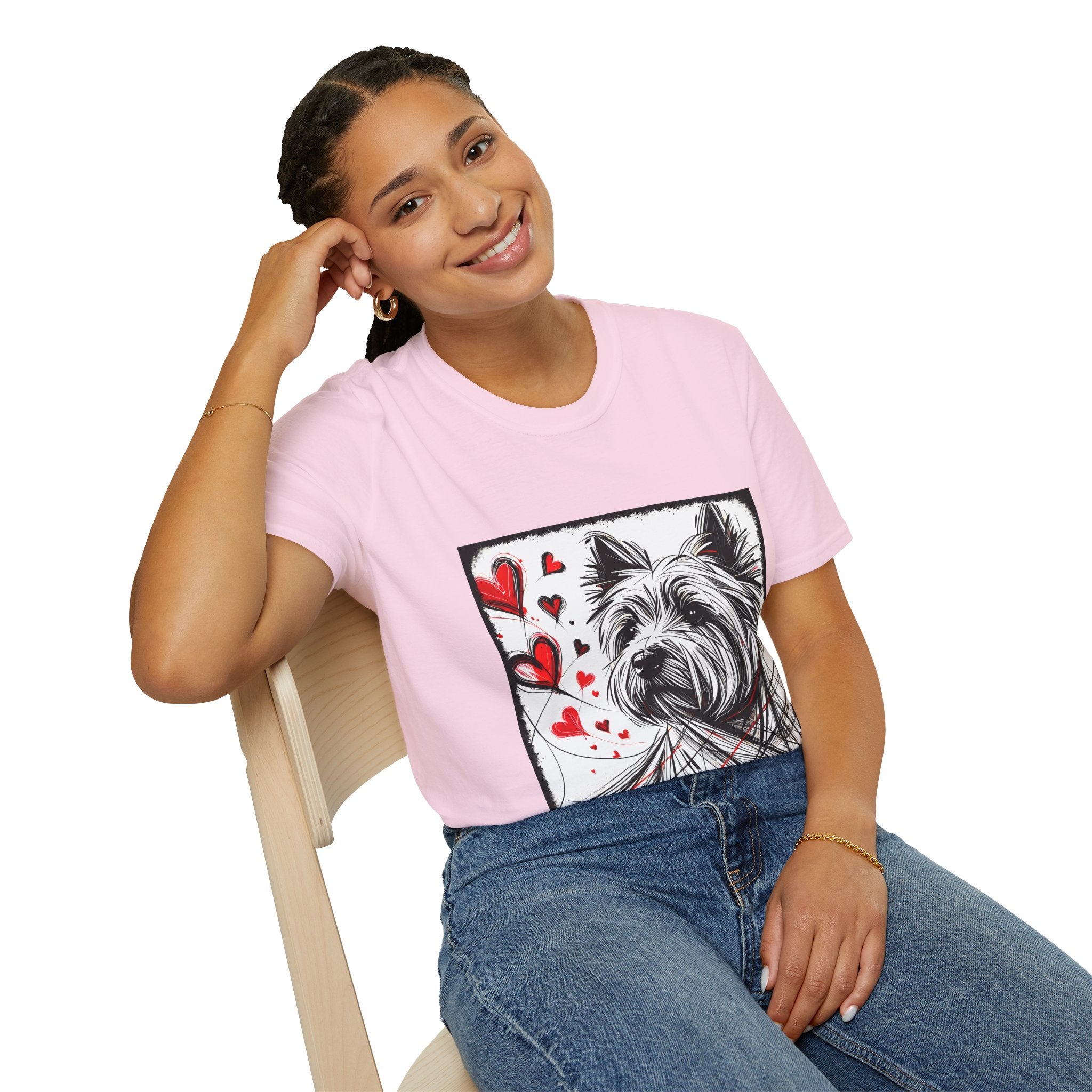 Female model in light pink dog t-shirt featuring sketch-style Westie with red hearts and abstract black line accents.