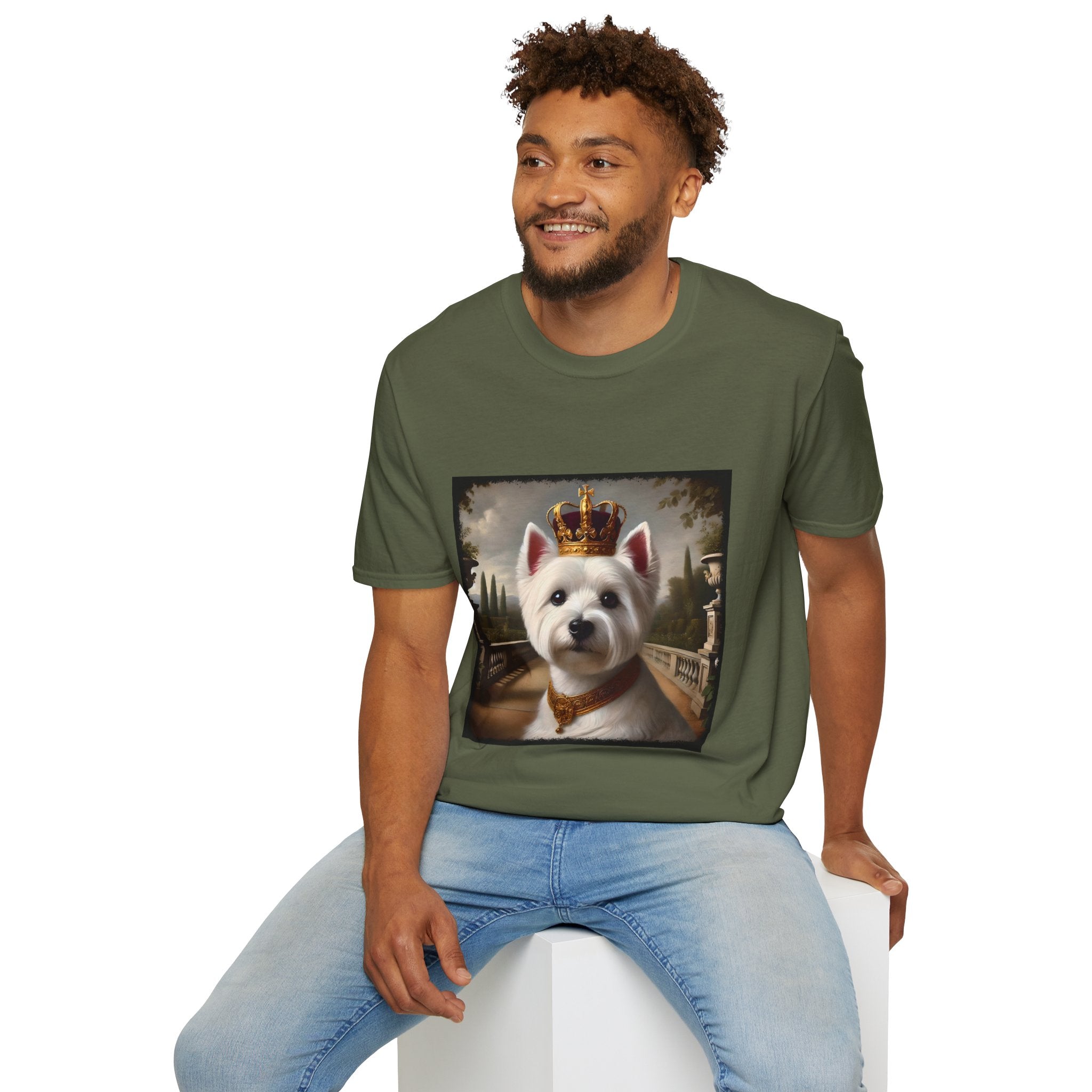 Male model in military green dog t-shirt featuring regal Westie in gold crown and collar on palace terrace background.