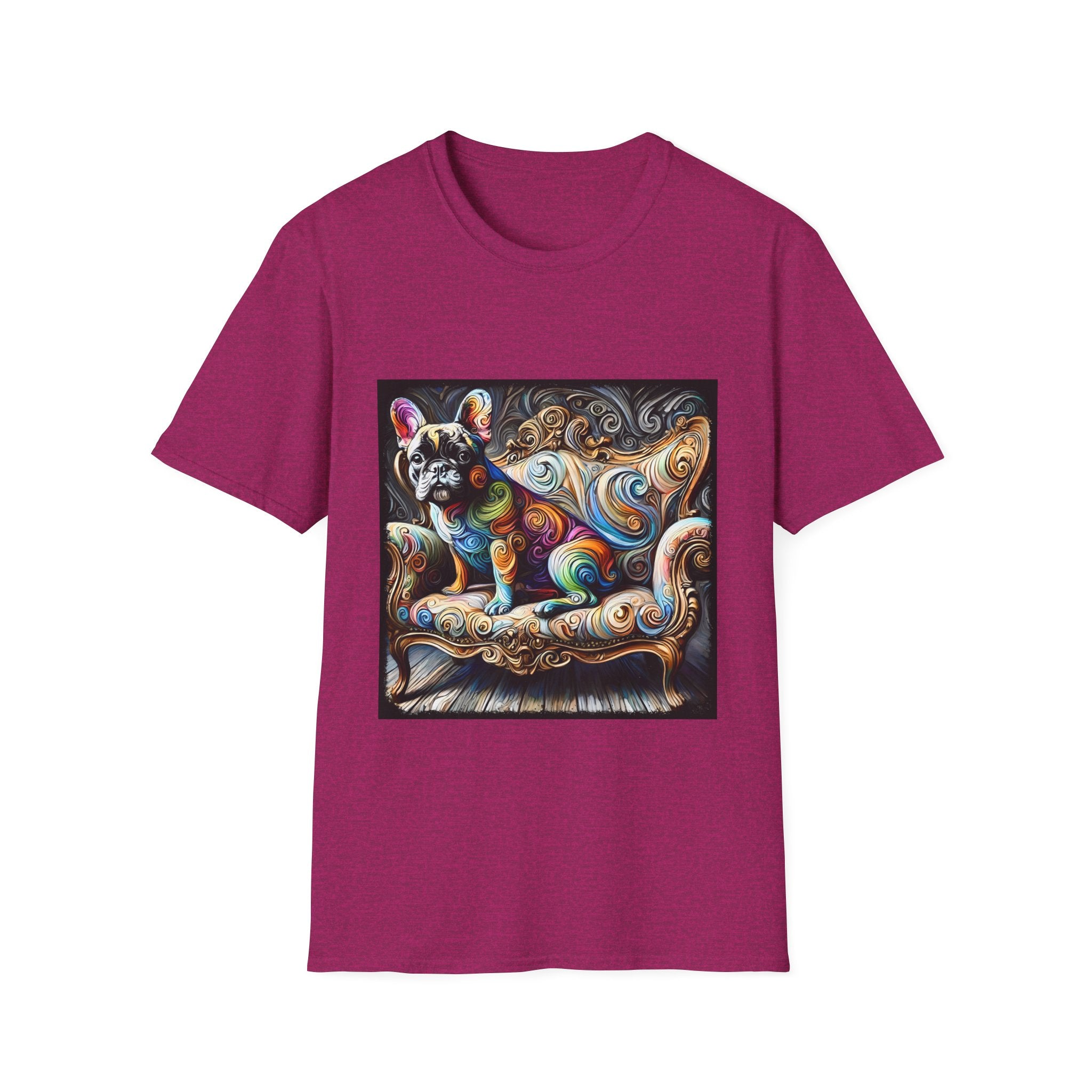 Heather berry t-shirt featuring rainbow French Bulldog on golden settee with swirl pattern, expressionism style.