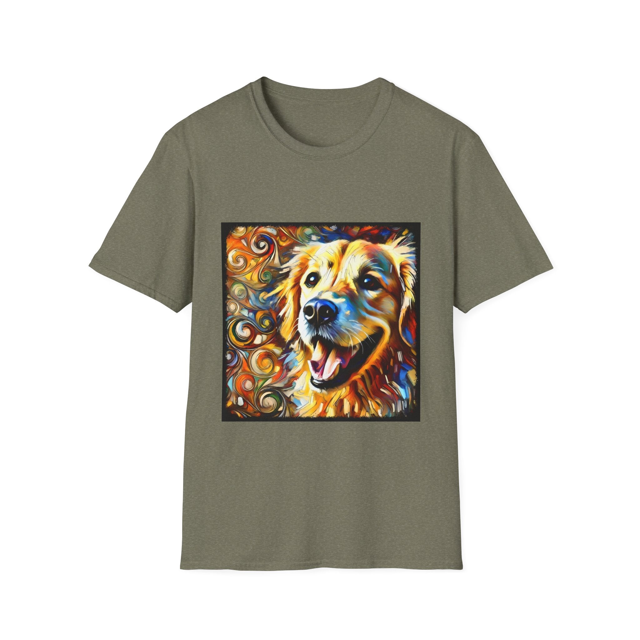 Heather military green dog t-shirt featuring smiling golden retriever portrait with bold swirls in orange, gold, and blue.