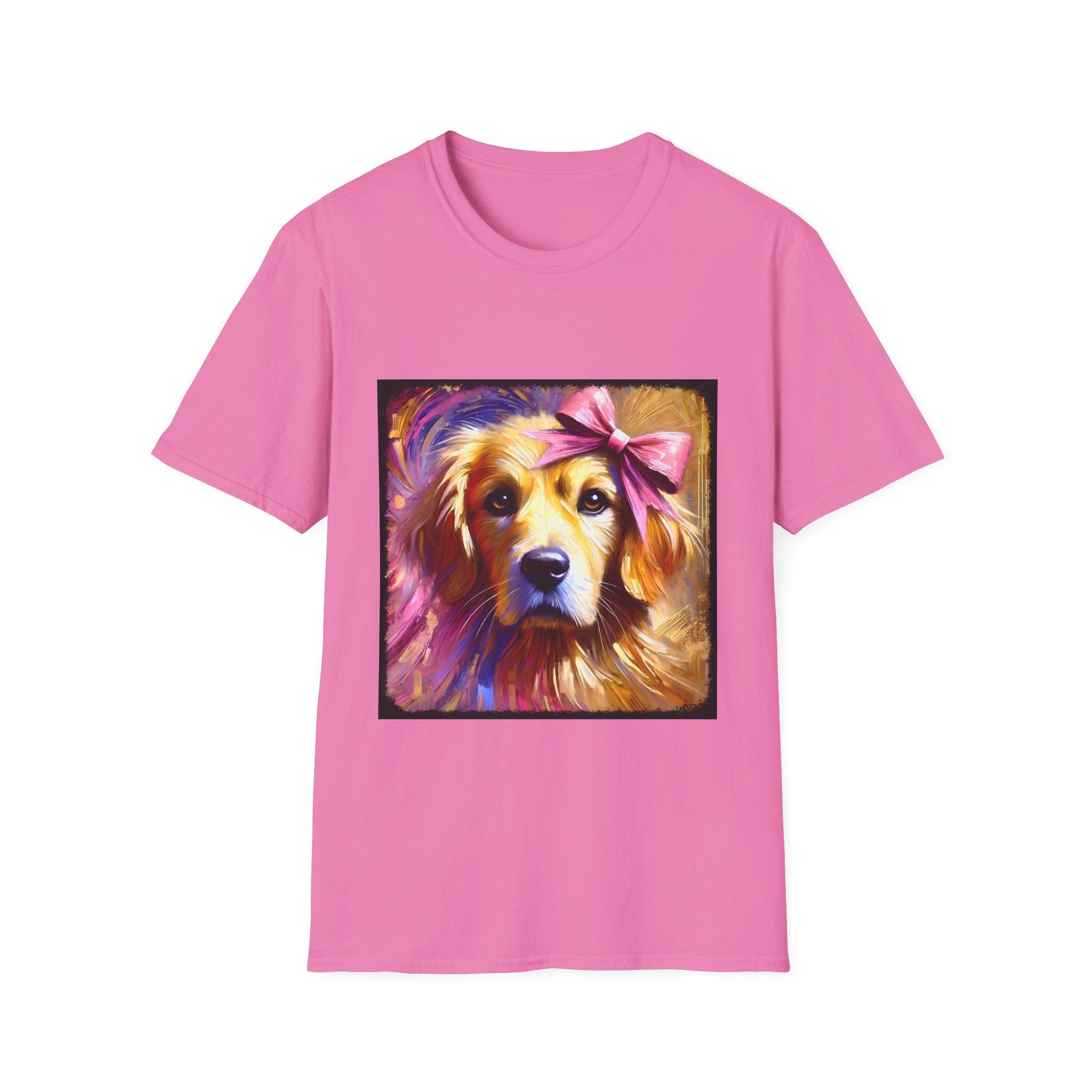 Pink dog t-shirt featuring golden retriever with pink bow on head, bold brushstroke background in pinks.