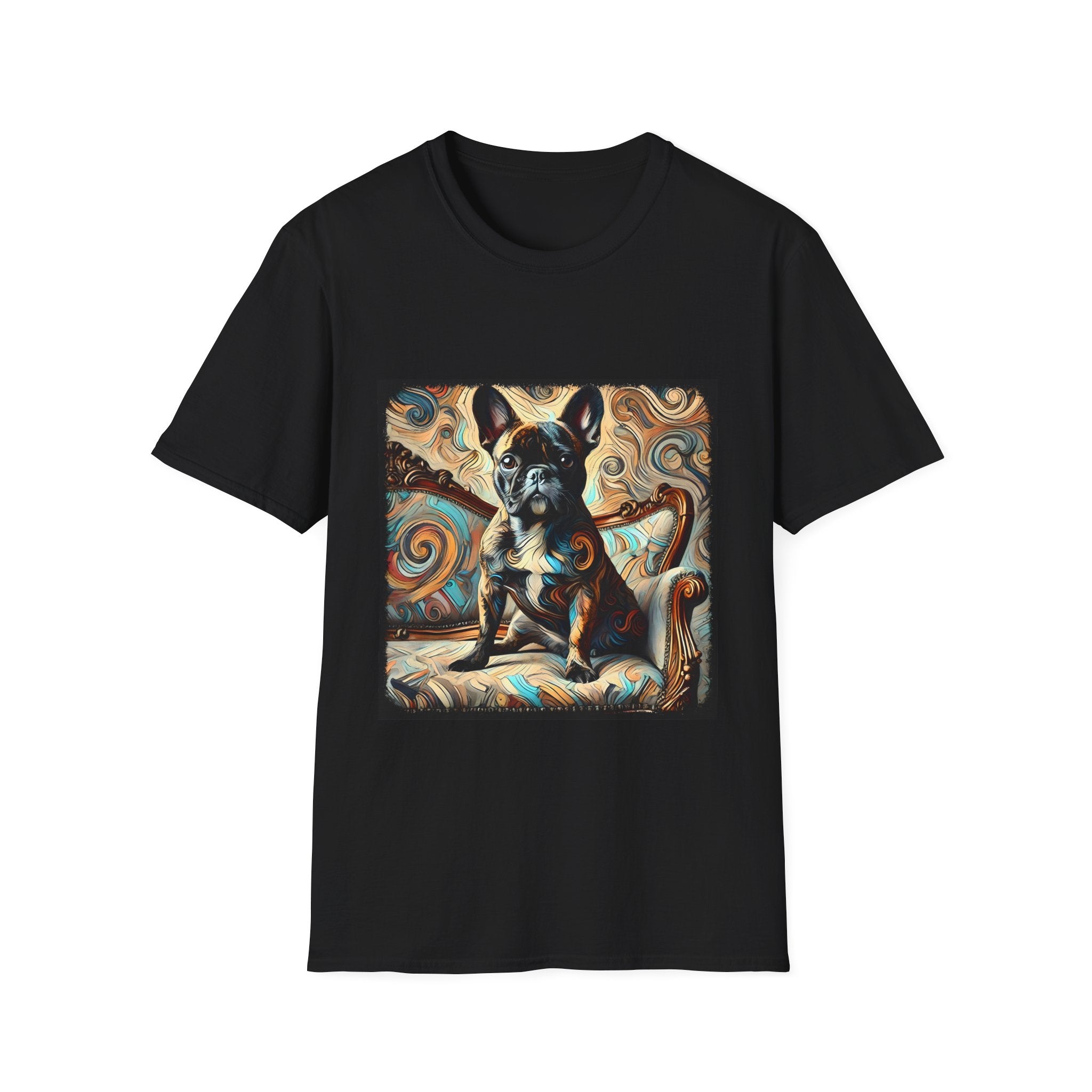 Black dog t-shirt featuring black and tan French Bulldog on ornate settee with swirl pattern background.