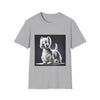 Sport gray dog t-shirt featuring a Westie standing proud on a platform against a dramatic dark backdrop.