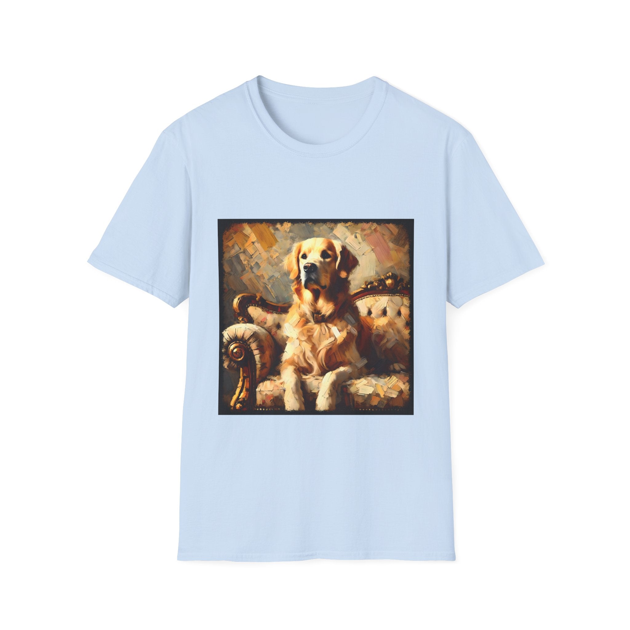 Light blue dog t-shirt with golden retriever on ornate couch, painted in rich textured brushstrokes.