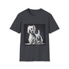 Dark heather gray dog t-shirt featuring a Westie standing proud on a platform against a dramatic dark backdrop.