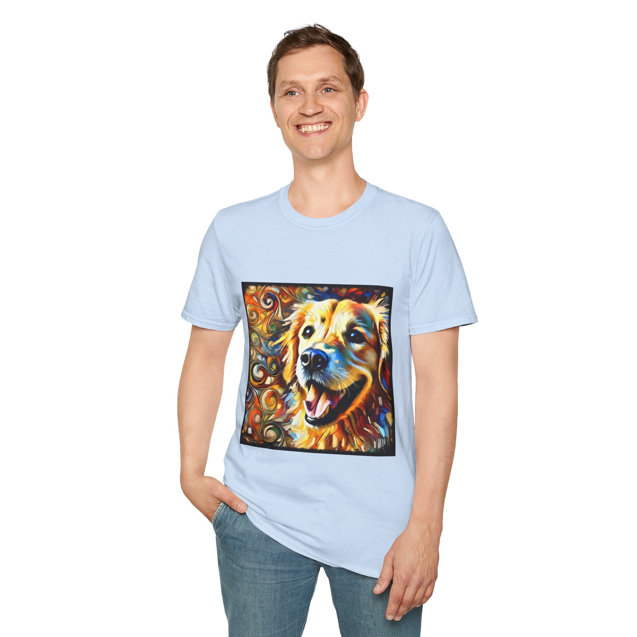 Male standing in light blue dog t-shirt featuring smiling golden retriever portrait with bold swirls in orange, gold, and blue.
