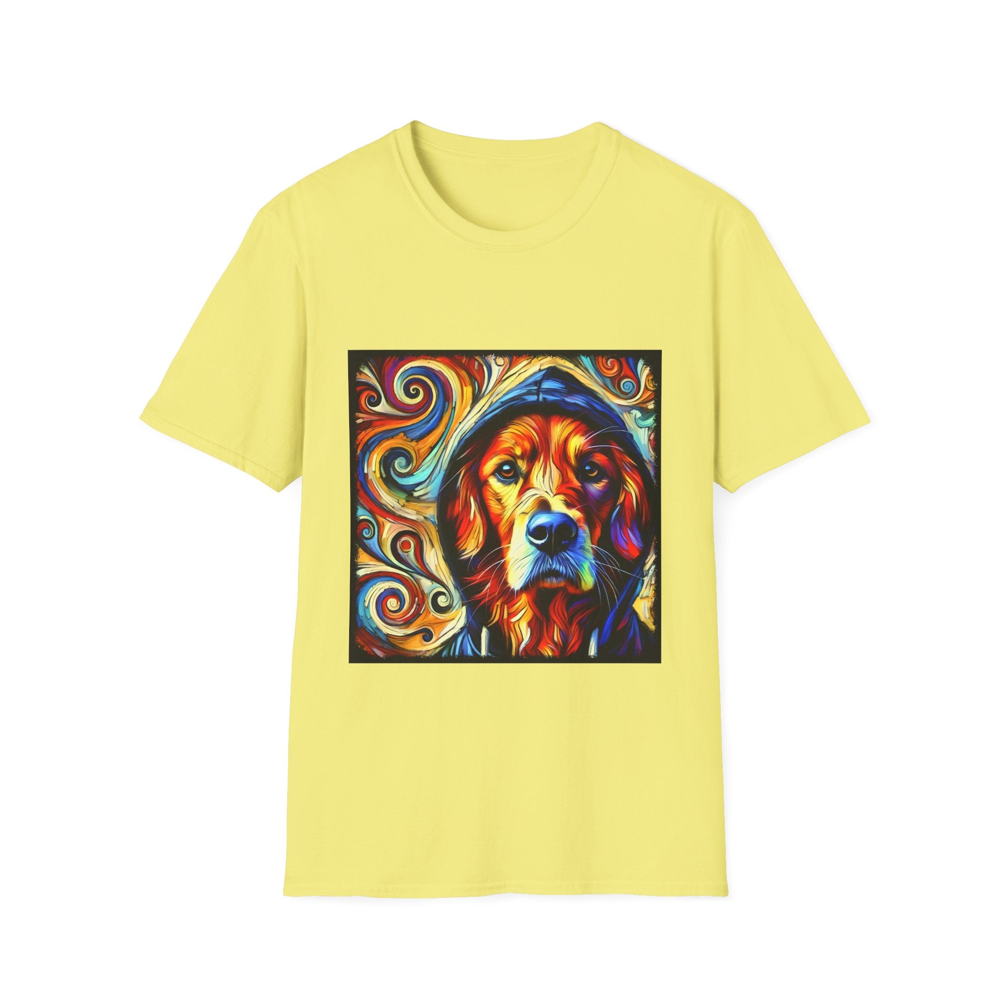 Cornsilk yellow dog t-shirt with golden retriever in blue hoodie, bold swirls in red, orange, and teal behind.