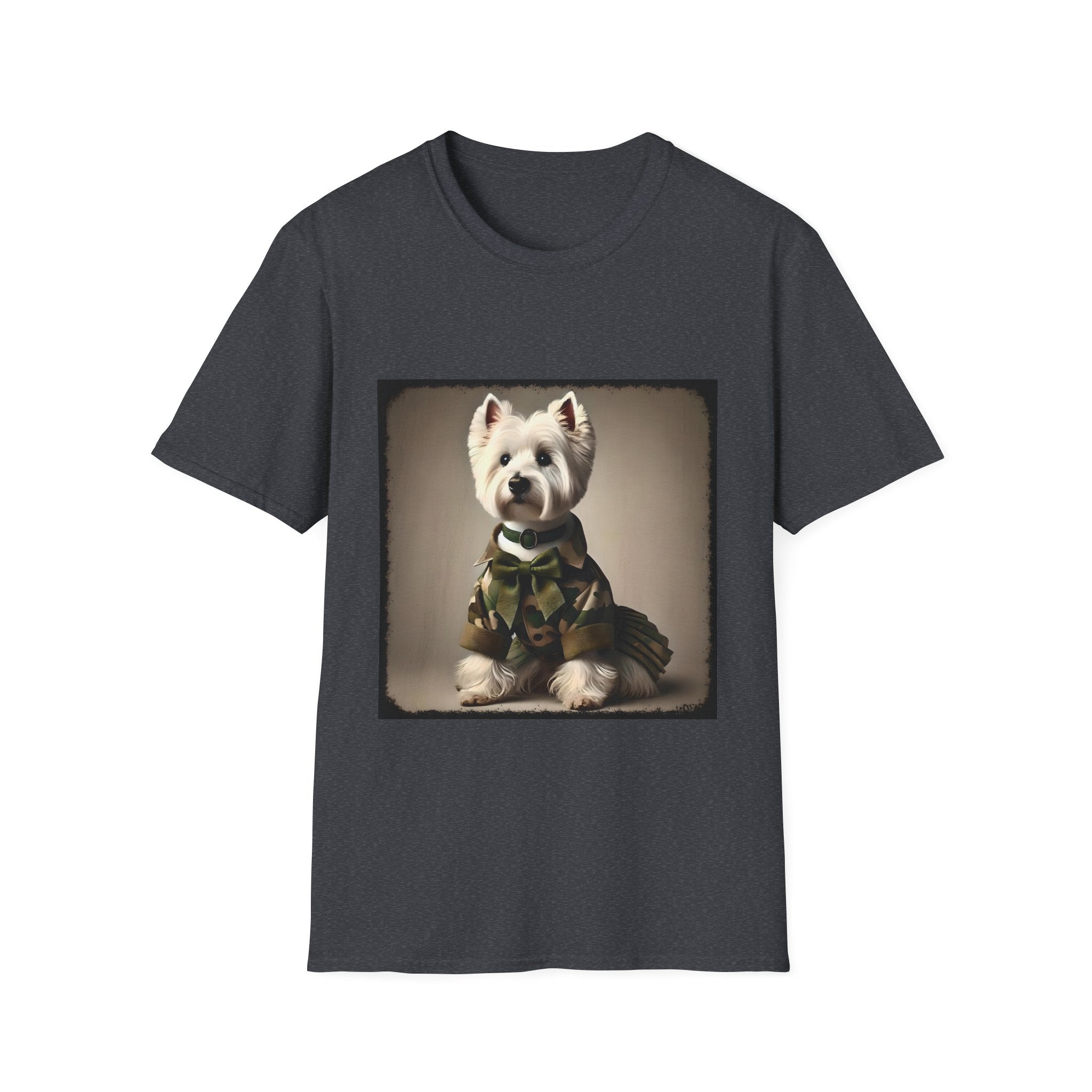 Dark heather gray dog t-shirt featuring Westie in camouflage jacket and pleated skirt against neutral backdrop.