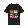 Black dog t-shirt featuring golden retriever in suit and red tie, seated on tufted chair with abstract backdrop.