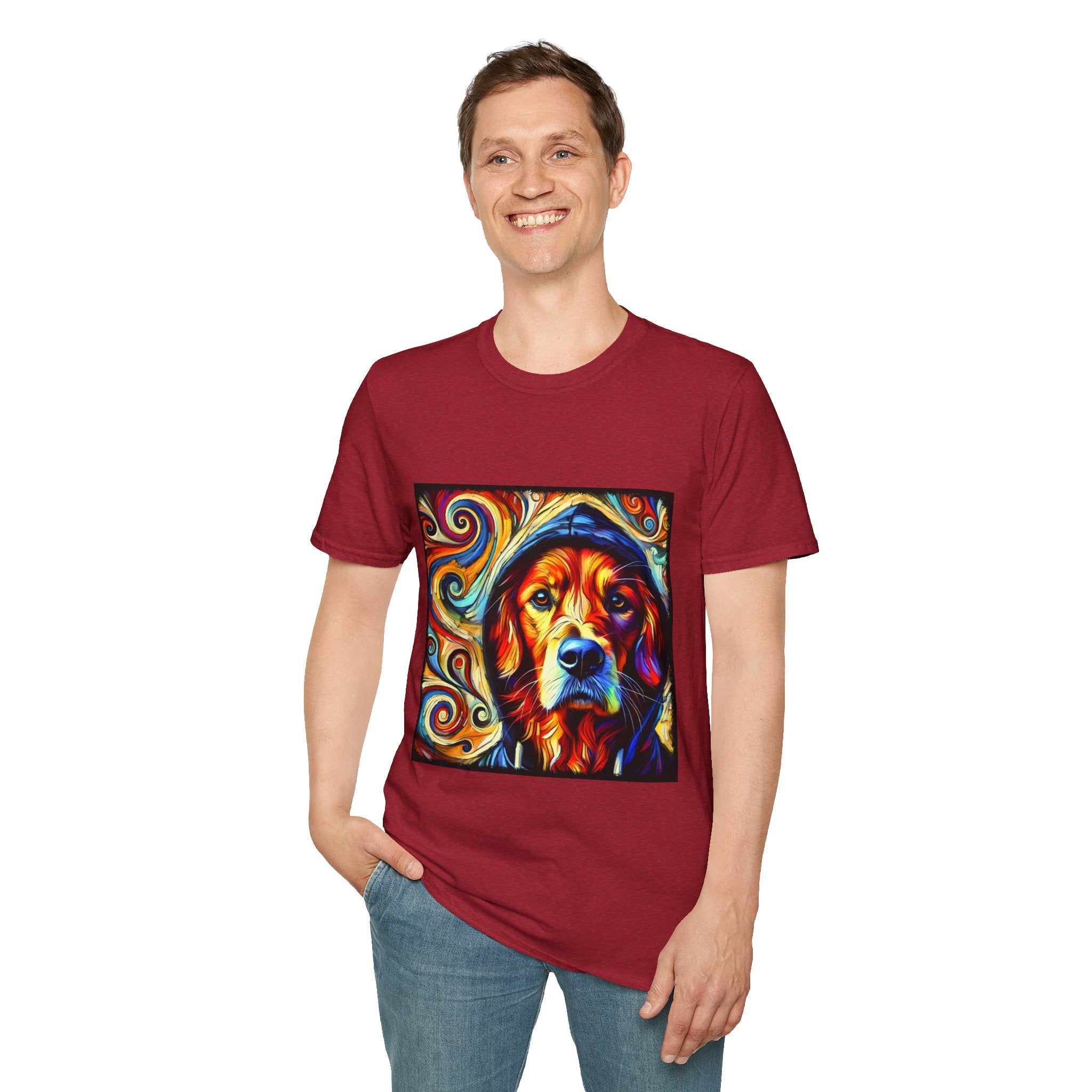 Male standing in antique cherry red dog t-shirt with golden retriever in blue hoodie, bold swirls in red, orange, and teal behind.