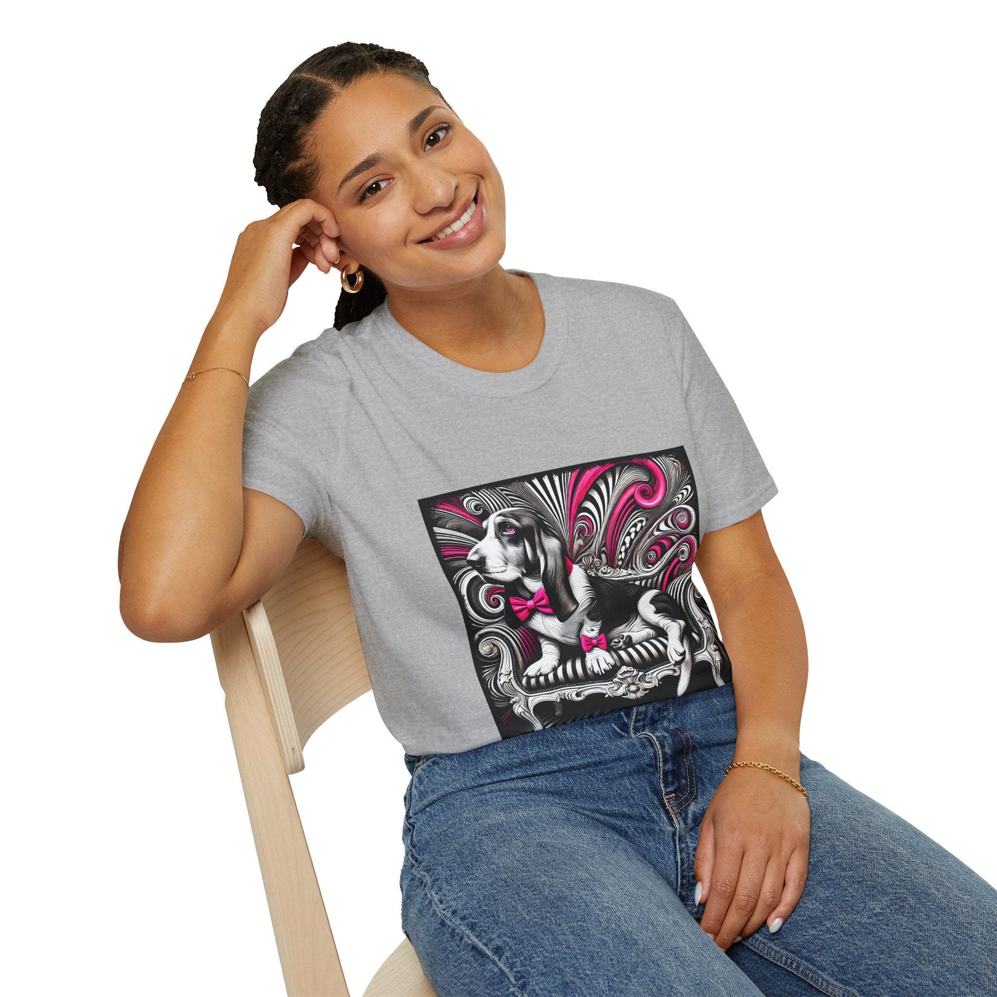 Basset Hound B&W Pink Bow Bold | Unisex Dog T-Shirt