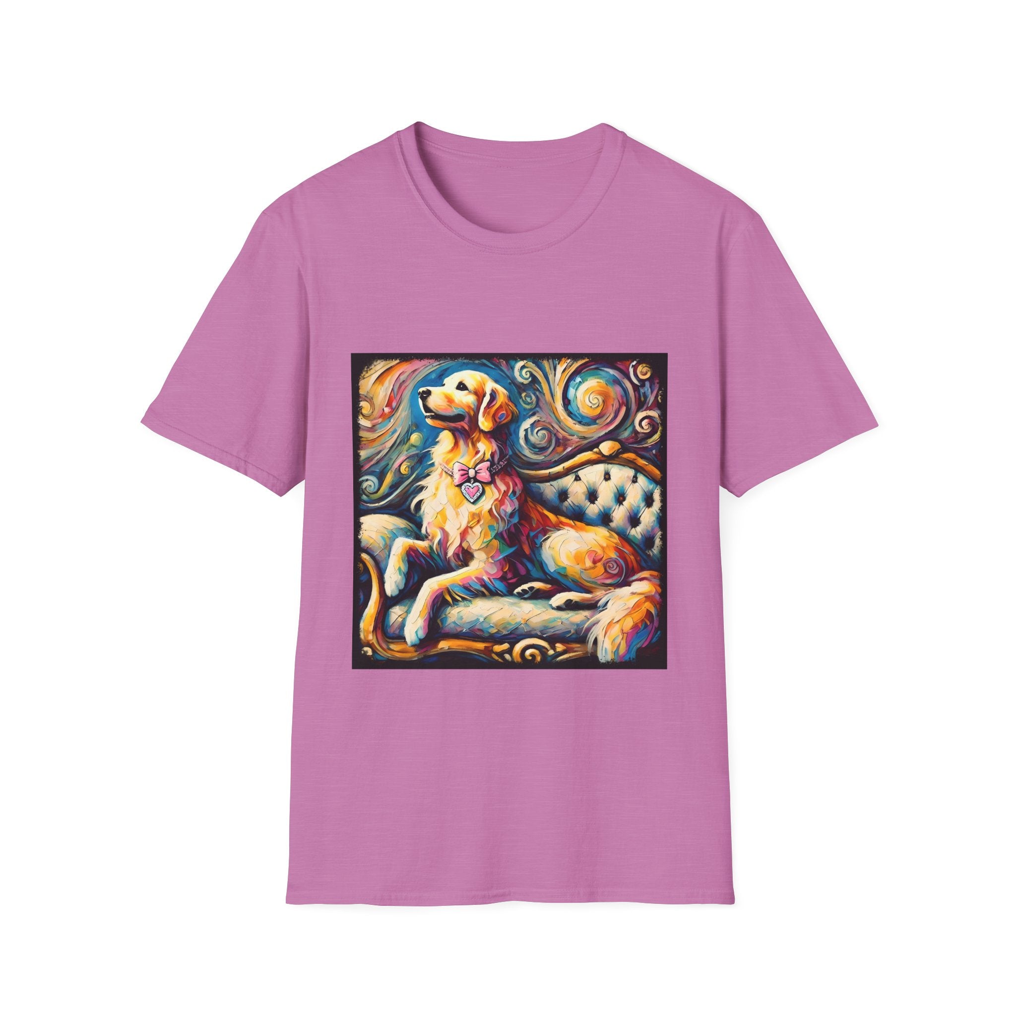 Heather Radiant Orchid dog t-shirt featuring golden retriever with pink heart collar on colorful tufted settee.