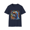 Navy dog t-shirt featuring a boxer in a blue hoodie with swirled orange, gold, and teal background design.