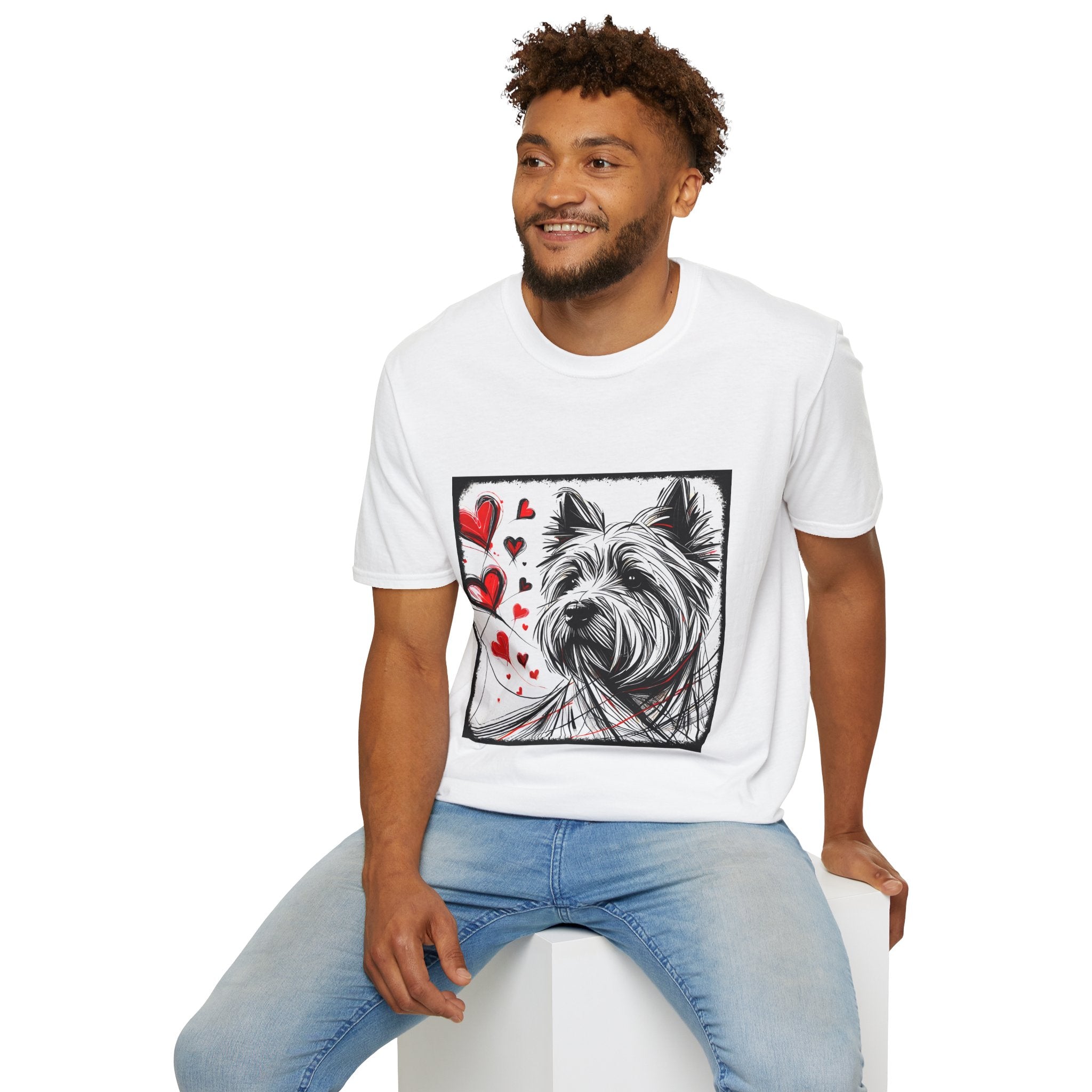 Male model in white dog t-shirt featuring sketch-style Westie with red hearts and abstract black line accents.